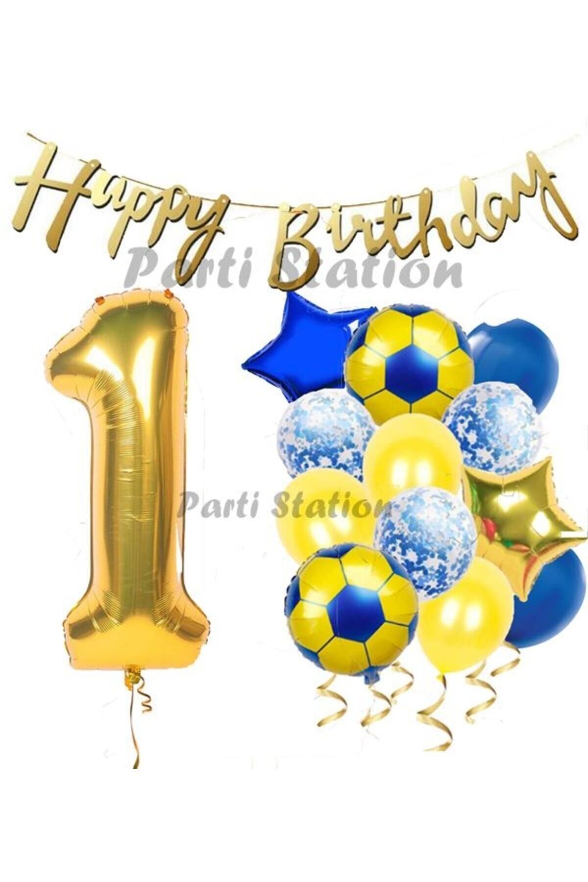 Partifest Balon Set Sarı Lacivert 1 Yaş Balon Set Futbol Balon Set Doğum Günü Balon Set