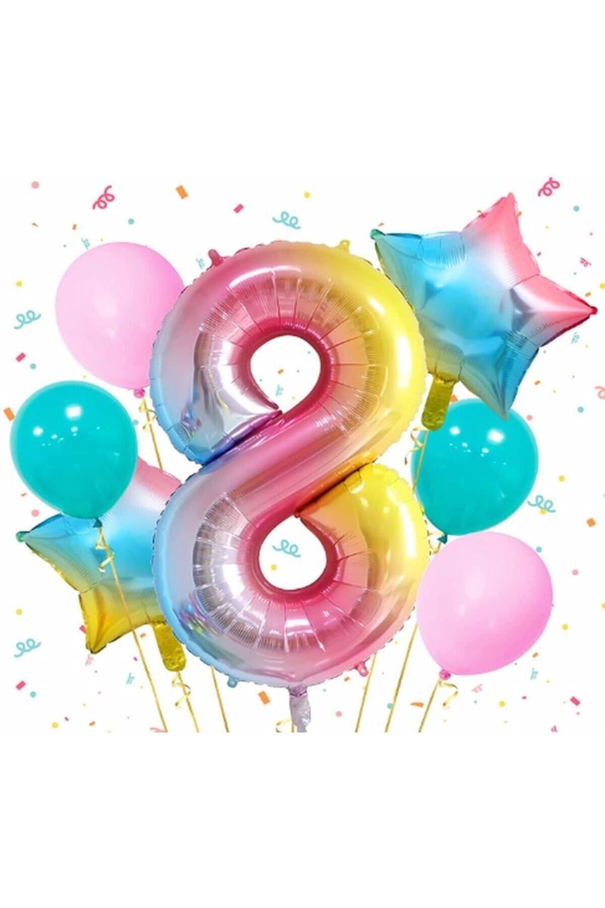 Partifest Gökkuşağı Rengarenk 8 Yaş Balon Set Yıldız Balon Folyo Set Konsept Doğum Günü Set Yaş Balon Set