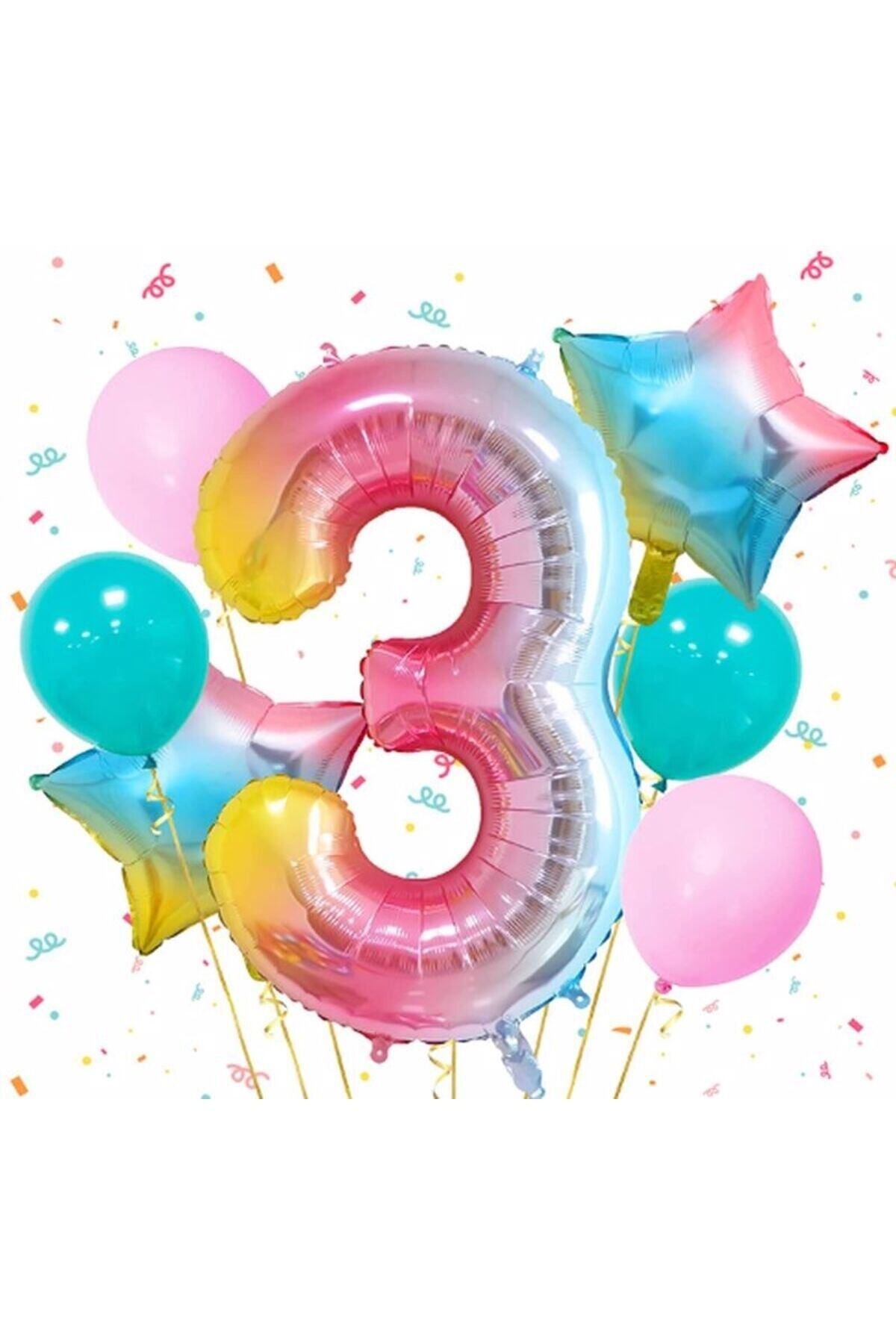 Partifest Gökkuşağı Rengarenk 3 Yaş Balon Set Yıldız Balon Folyo Set Konsept Doğum Günü Set Yaş Balon Set