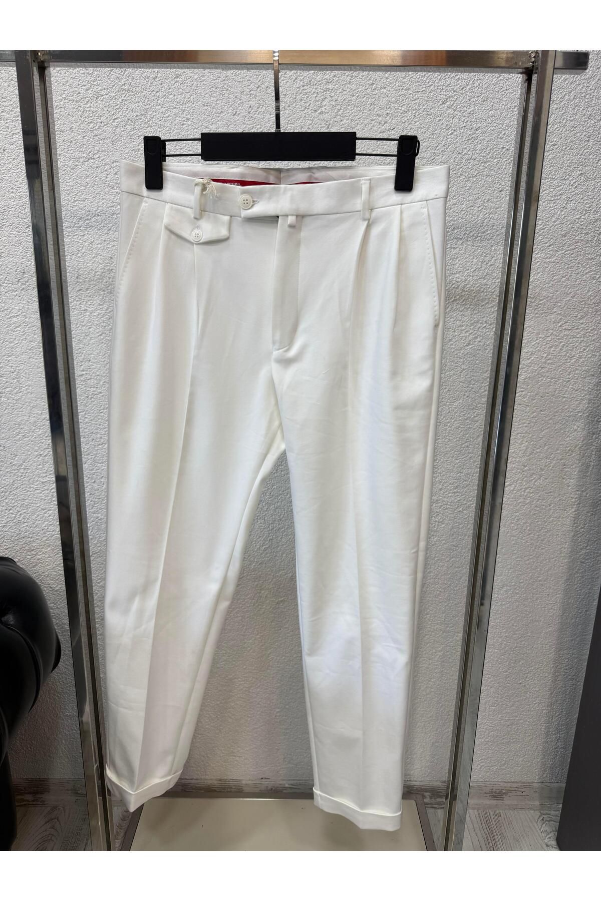 Yubacollection Score İtalyan Kesim Duble Paça Pantolon Beyaz