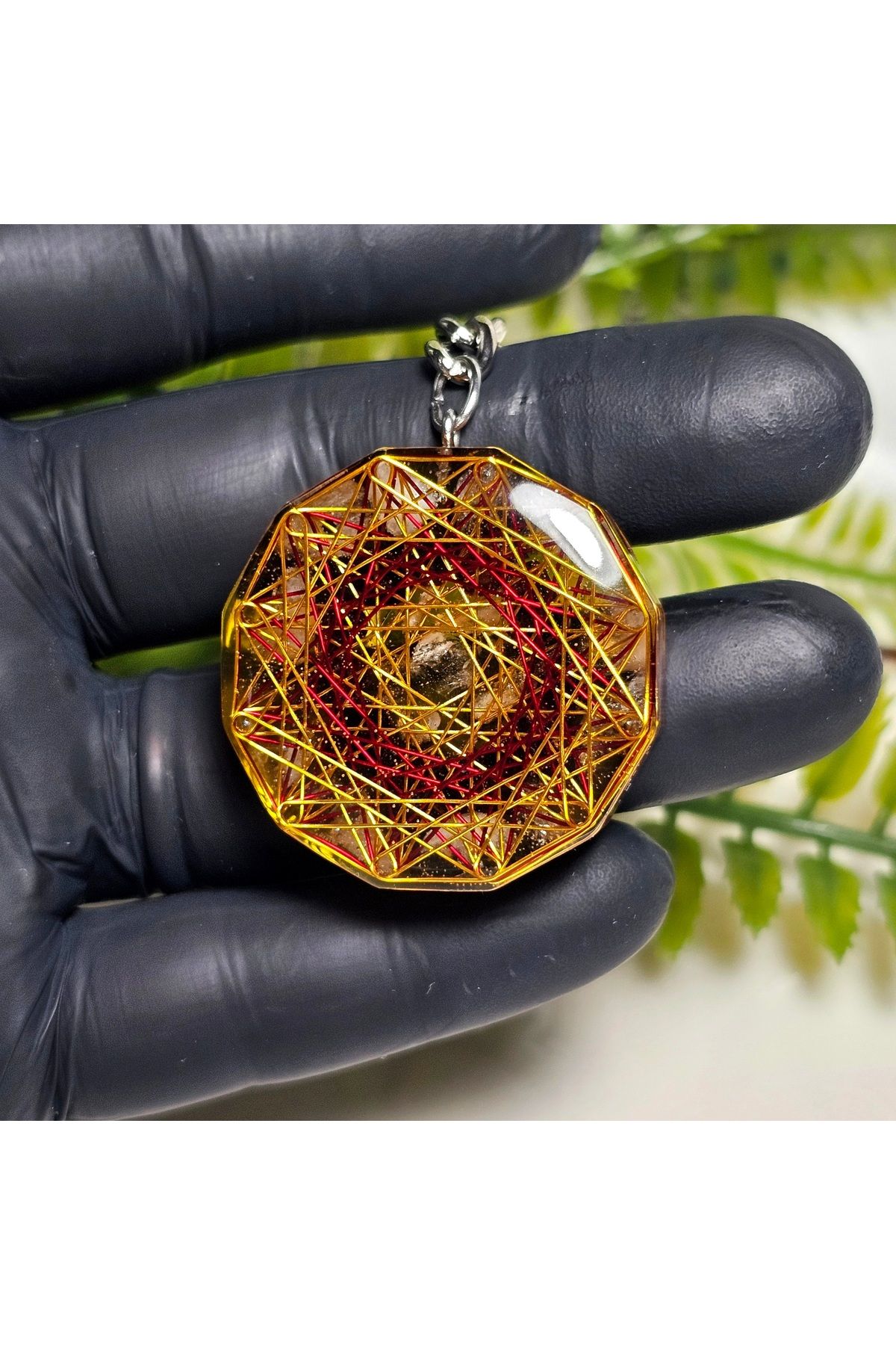 Singincraft Sarı-Kırmızı Gümüş Mandala - Kırmızı Garnet - Sitrin Orgonit Anahtarlık-(El Yapımı Tasarım Ürünler)
