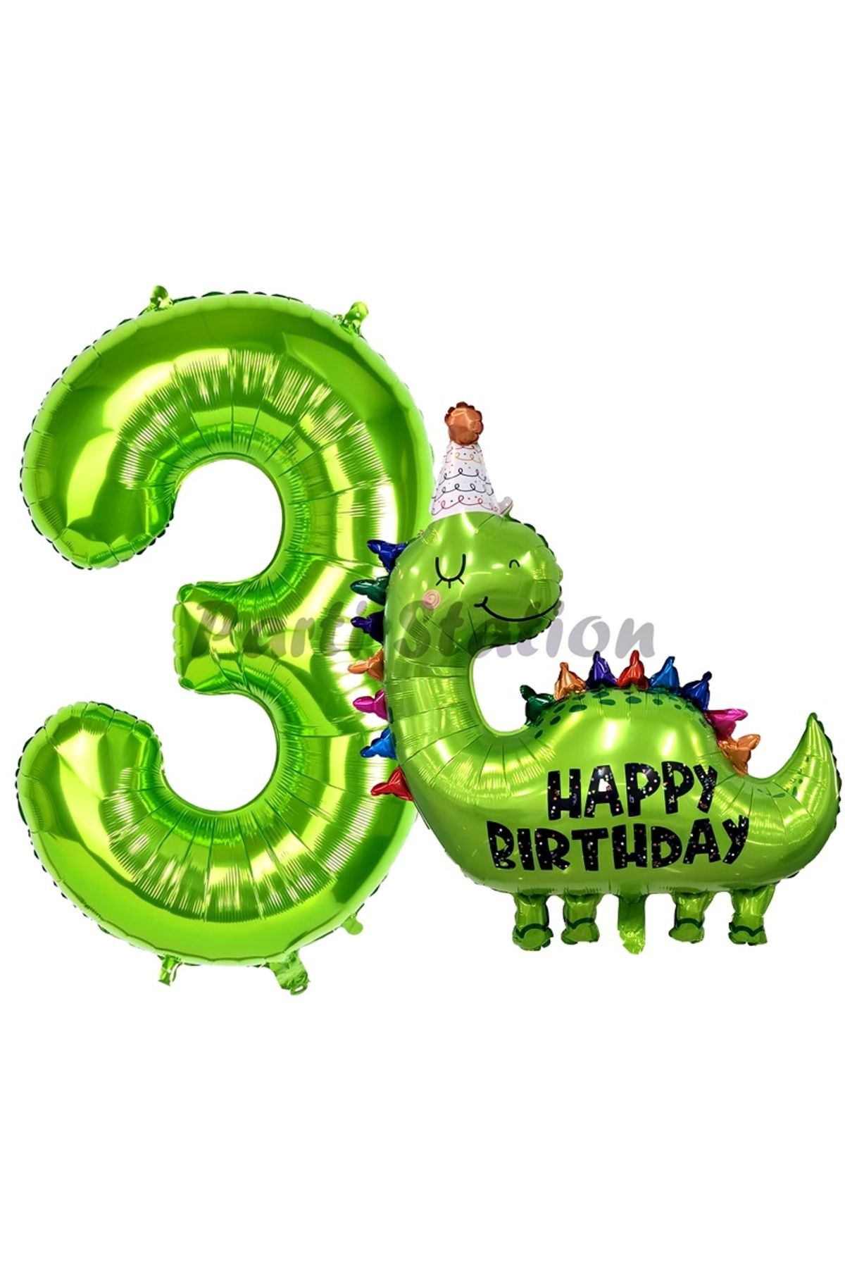 Partifest Dinozor Balon 3 Yaş Balon Set Dinozor Konsept Balon ve Yeşil Renk Rakam Balon