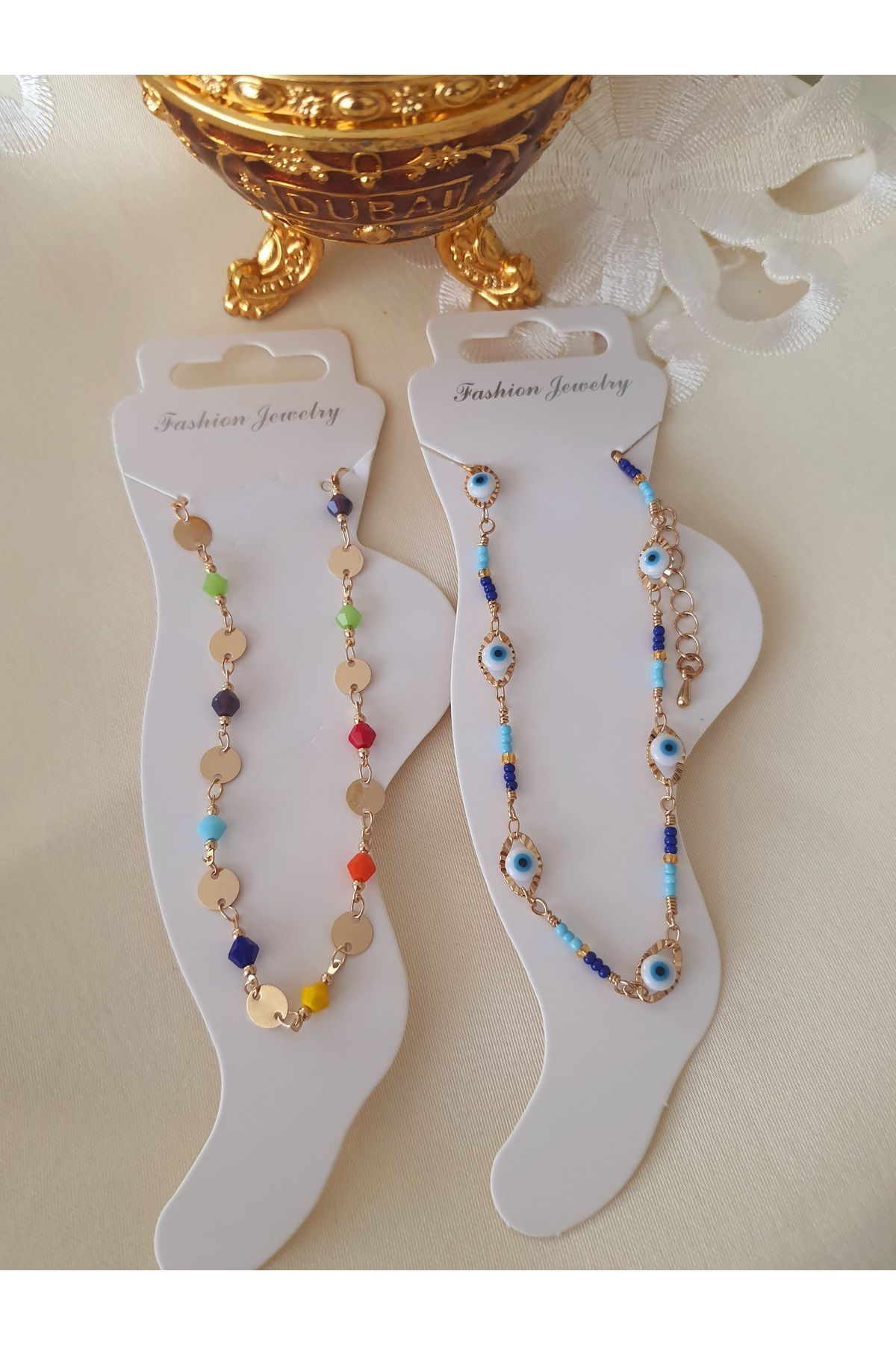 özlemmmoda Kadın Halhal mavi boncuklu ve renkli 2li set
