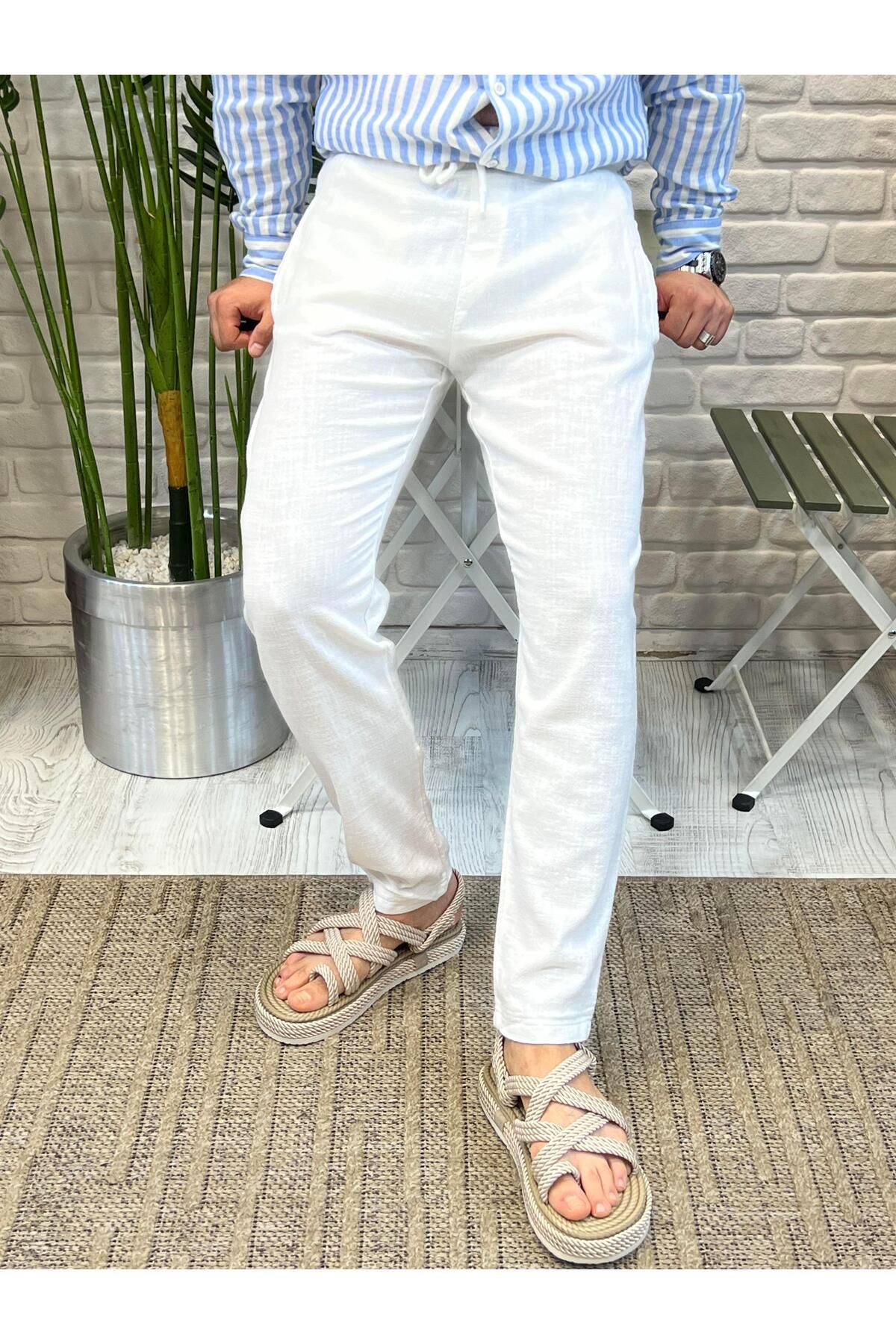 Yubacollection Negro Yazlık Keten Pantolon Beyaz