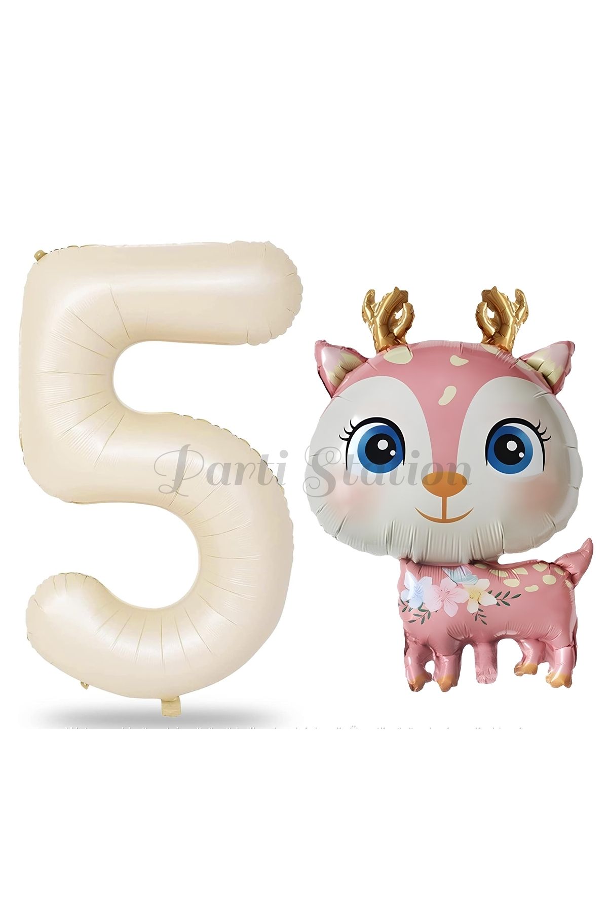 Partifest Sevimli Geyik 5 Yaş Balon Set Ceylan Balon Woodland Konsept Geyik Balon ve Krem Renk Rakam Balon
