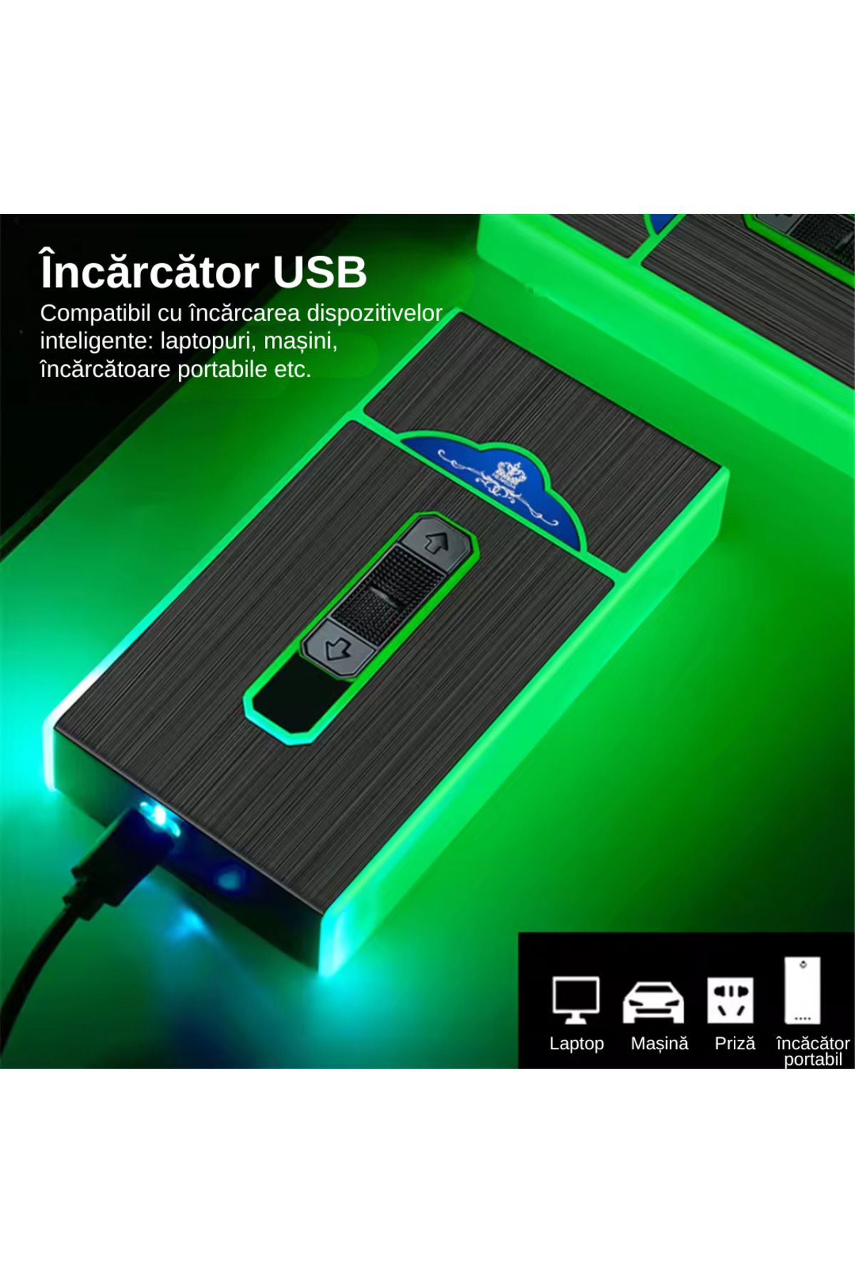 LUDORA-Electric Lighter, With Cigarette Case, Snuffbox Style, Windproof, USB Charging, Cable Included 9