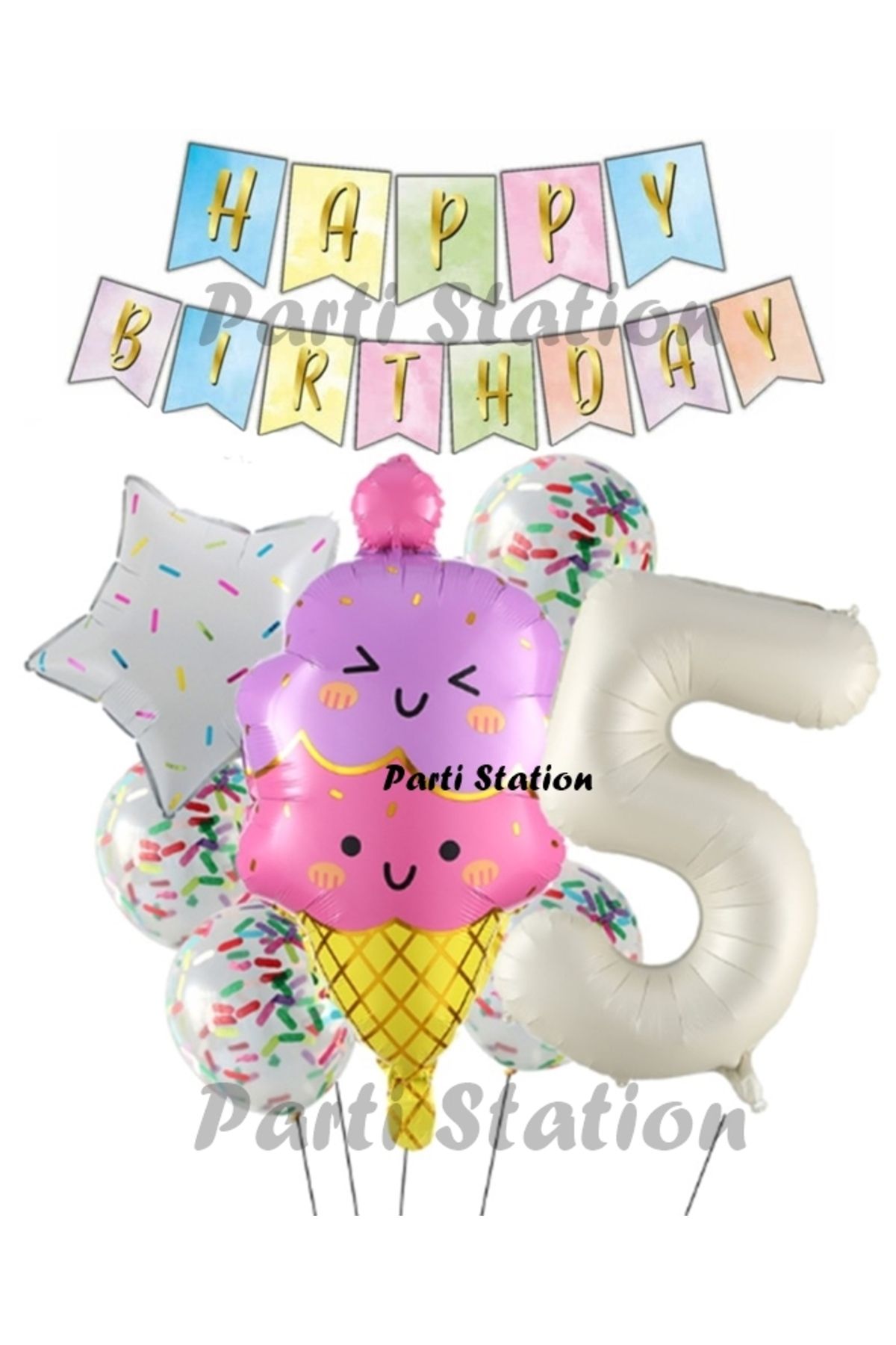 Partifest İce Cream Dondurma Konsept Doğum Günü 5 Yaş Balon Set Yaz Tema Sevimli Dondurma Folyo Balon Set