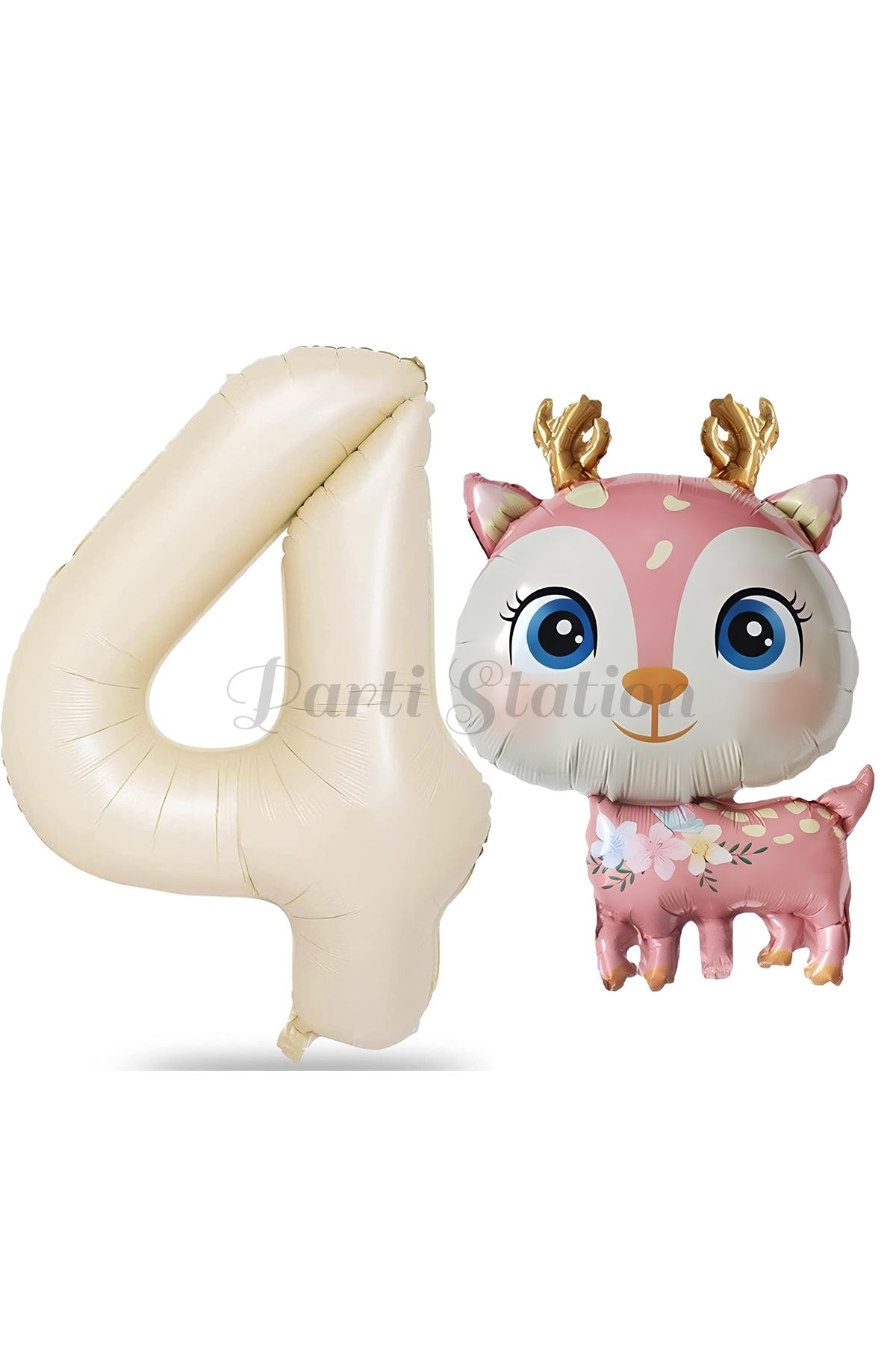 Partifest Sevimli Geyik 4 Yaş Balon Set Ceylan Balon Woodland Konsept Geyik Balon ve Krem Renk Rakam Balon