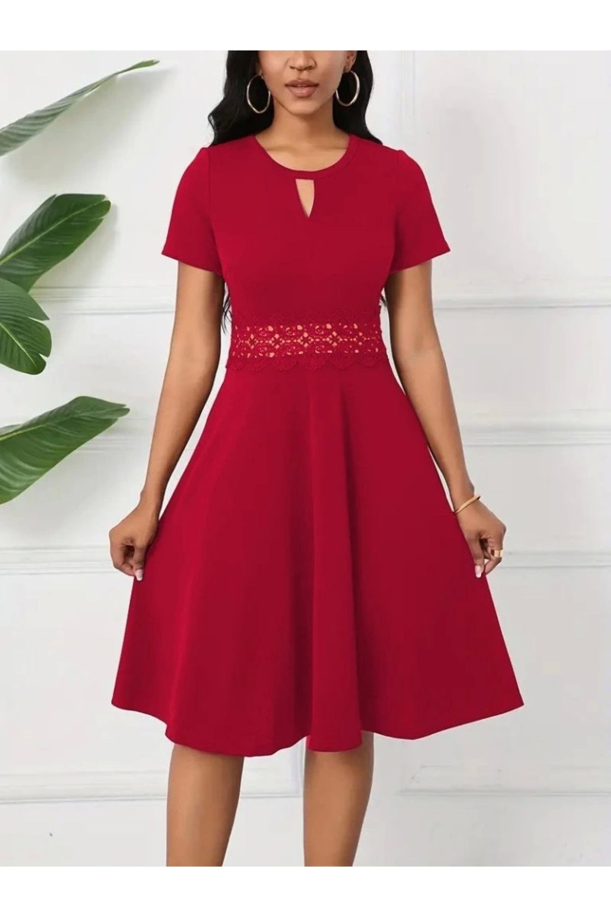 Butik Kadın Kısa Kollu Yuvarlak Yaka Damla Detaylı Janjan Elbise