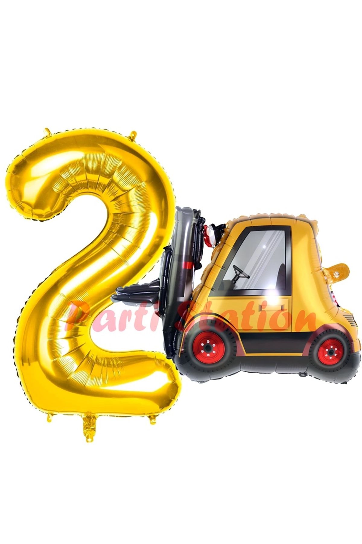 Partifest İnşaat Forklift Kamyonu Balon 2 Yaş Doğum Günü Balon Set İş Makinaları Konsept ve Gold Rakam Balon
