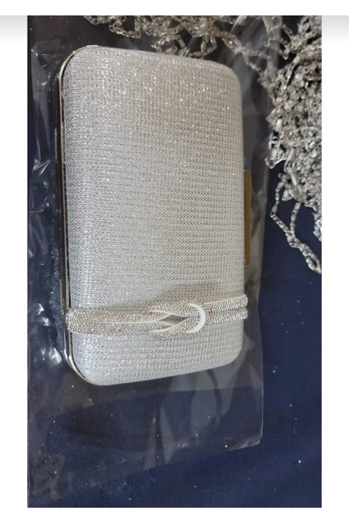 Efe YANDAN TAŞLI SİMLİ BURSLU ZENCİR ASKILI ABİYE ÇANTA GÜMÜŞ GRİ 19x11 Cm