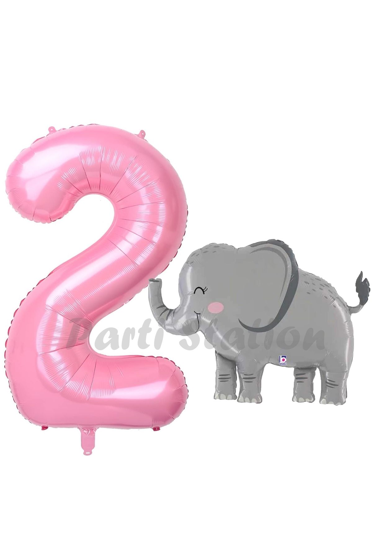 Partifest Sevimli Fil Balon 2 Yaş Doğum Günü Balon Set Safari Konsept Fil Balon ve Pembe Renk Rakam Balon