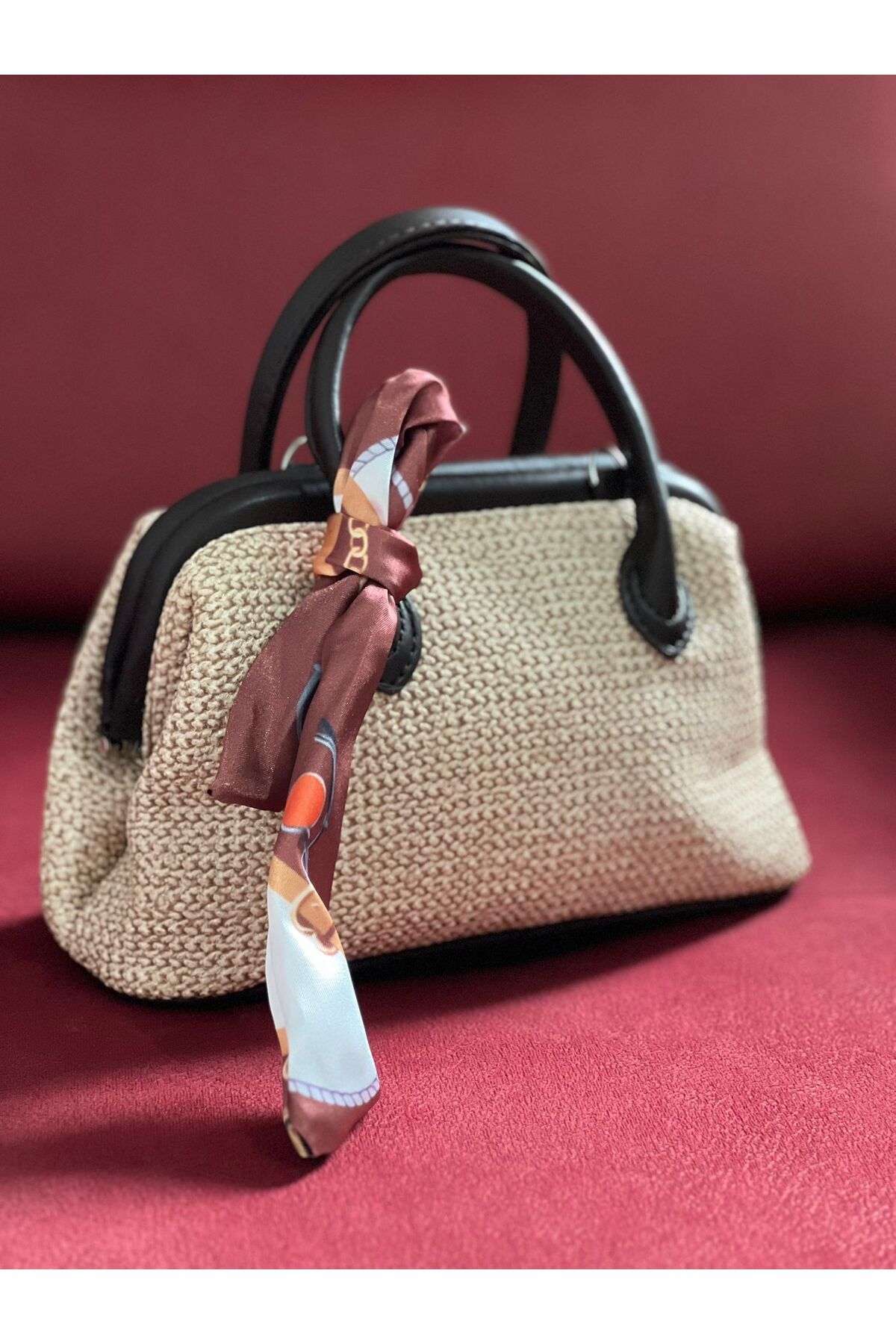 ST Bags Kadın Yeni Sezon Hasır Desen Fular Detaylı El Ve Omuz Çantası