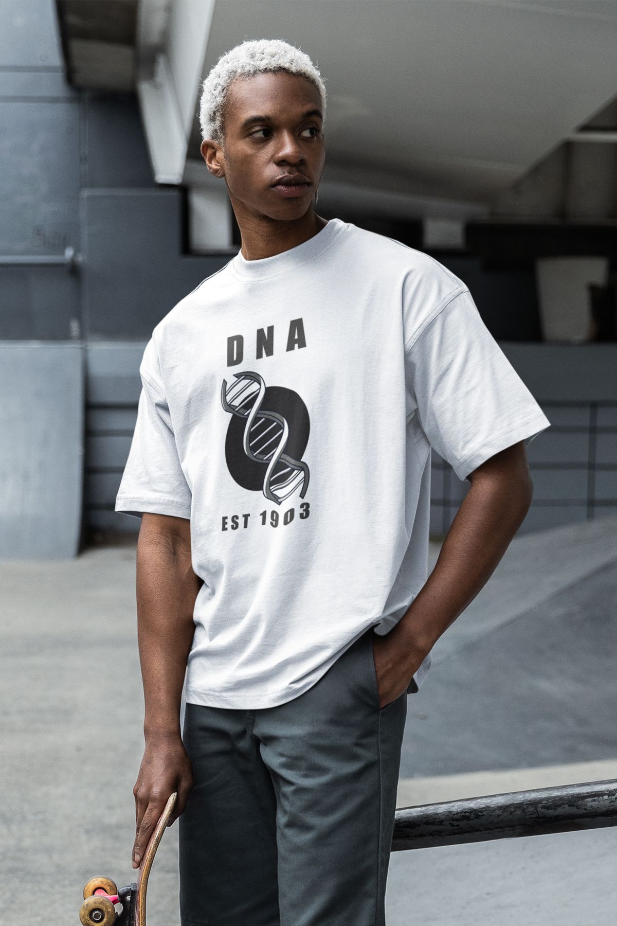 Uniquetex NUBENSE / DENGA-15 - Oversize Unisex DNA Baskılı Beyaz Bisiklet Yaka Taraftar T-shirt (Bilim Tişört)