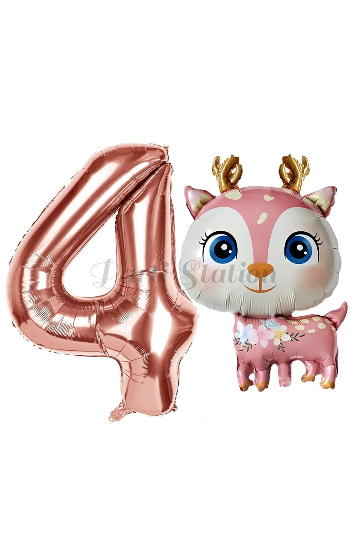 Partifest Sevimli Geyik 4 Yaş Balon Set Ceylan Balon Woodland Konsept Geyik Balon ve Rosegold Renk Rakam Balon
