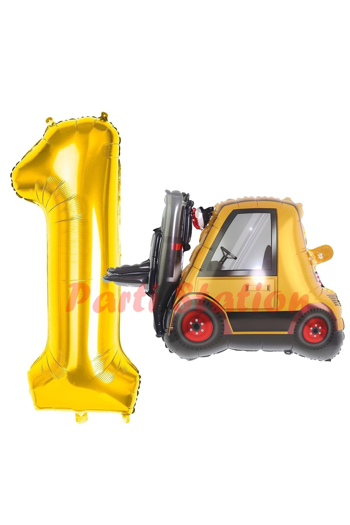 Partifest İnşaat Forklift Kamyonu Balon 1 Yaş Doğum Günü Balon Set İş Makinaları Konsept ve Gold Rakam Balon