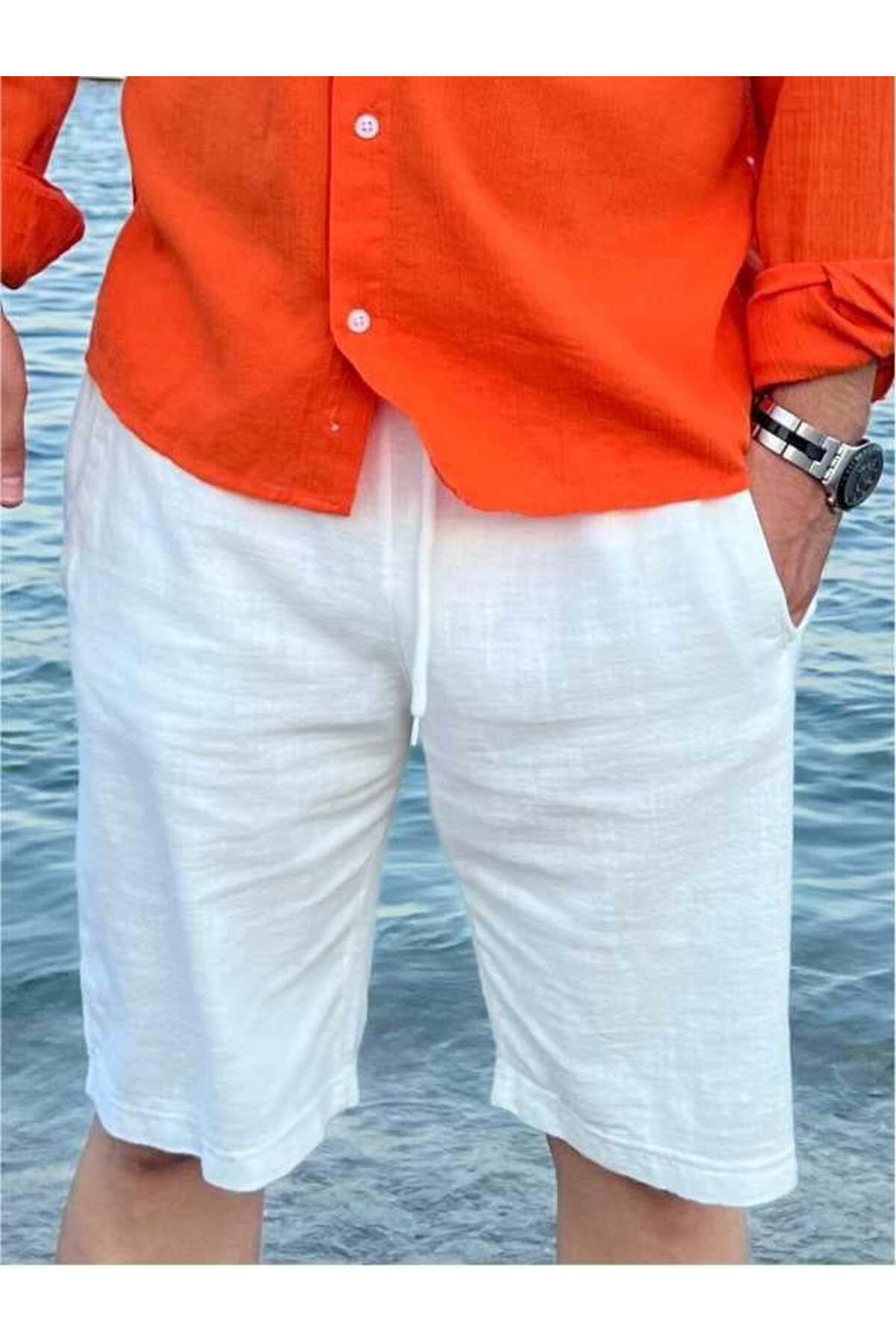 Yubacollection Keten Şort Beyaz