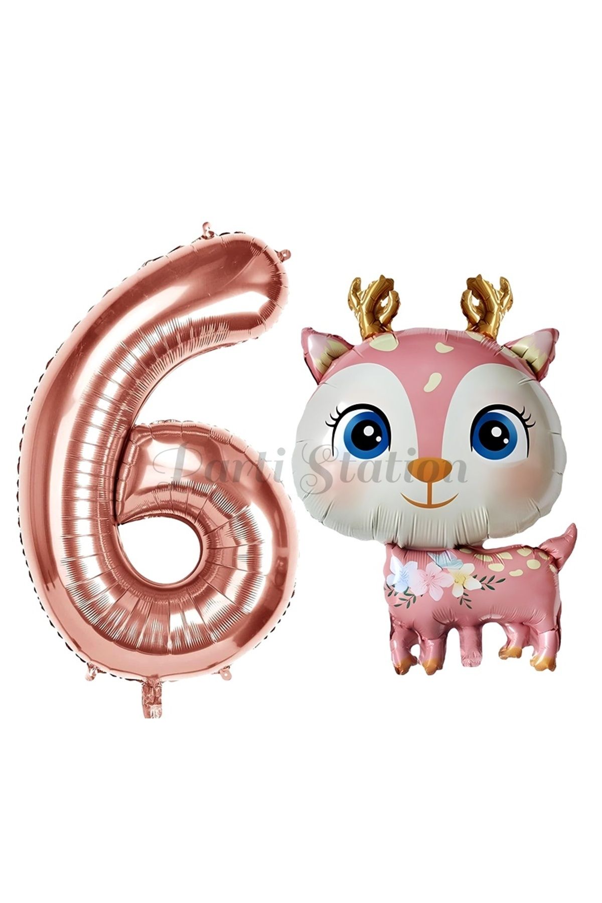 Partifest Sevimli Geyik 6 Yaş Balon Set Ceylan Balon Woodland Konsept Geyik Balon ve Rosegold Renk Rakam Balon