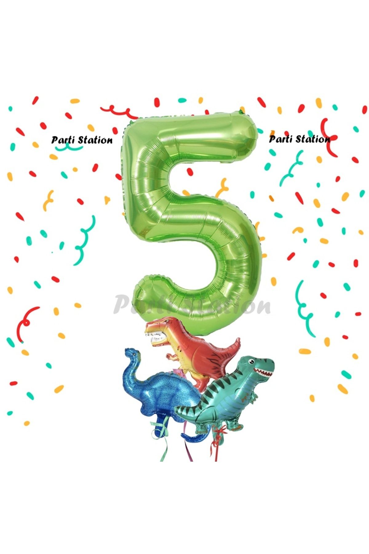 Partifest Yeşil Renk Rakam Balonlu Küçük Boy Dinozor Balonlu 5 Yaş Dinozor Konsept Doğum Günü Parti Balon Set
