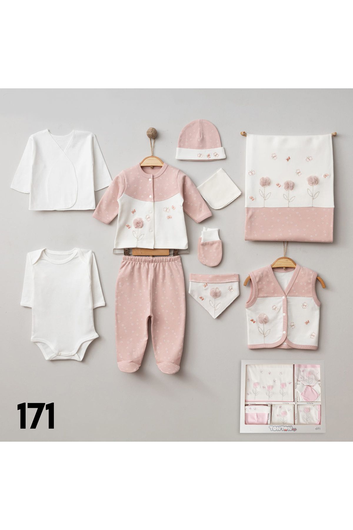Pure Kids Store Kutulu %100 Organik Pamuk 10 Parça Kız Bebek Kabartma Çiçek ve Kelebekli Hastane Çıkış Zıbın Seti