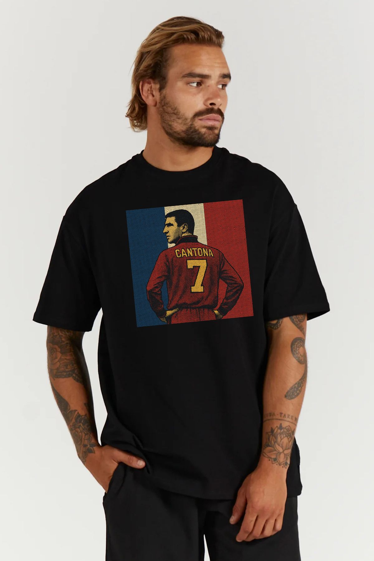 MODA Eric Cantona Fransa Milli Takım Marsilya Baskılı Oversize Kalıp Siyah Geniş Bol Kesim Erkek Tişört