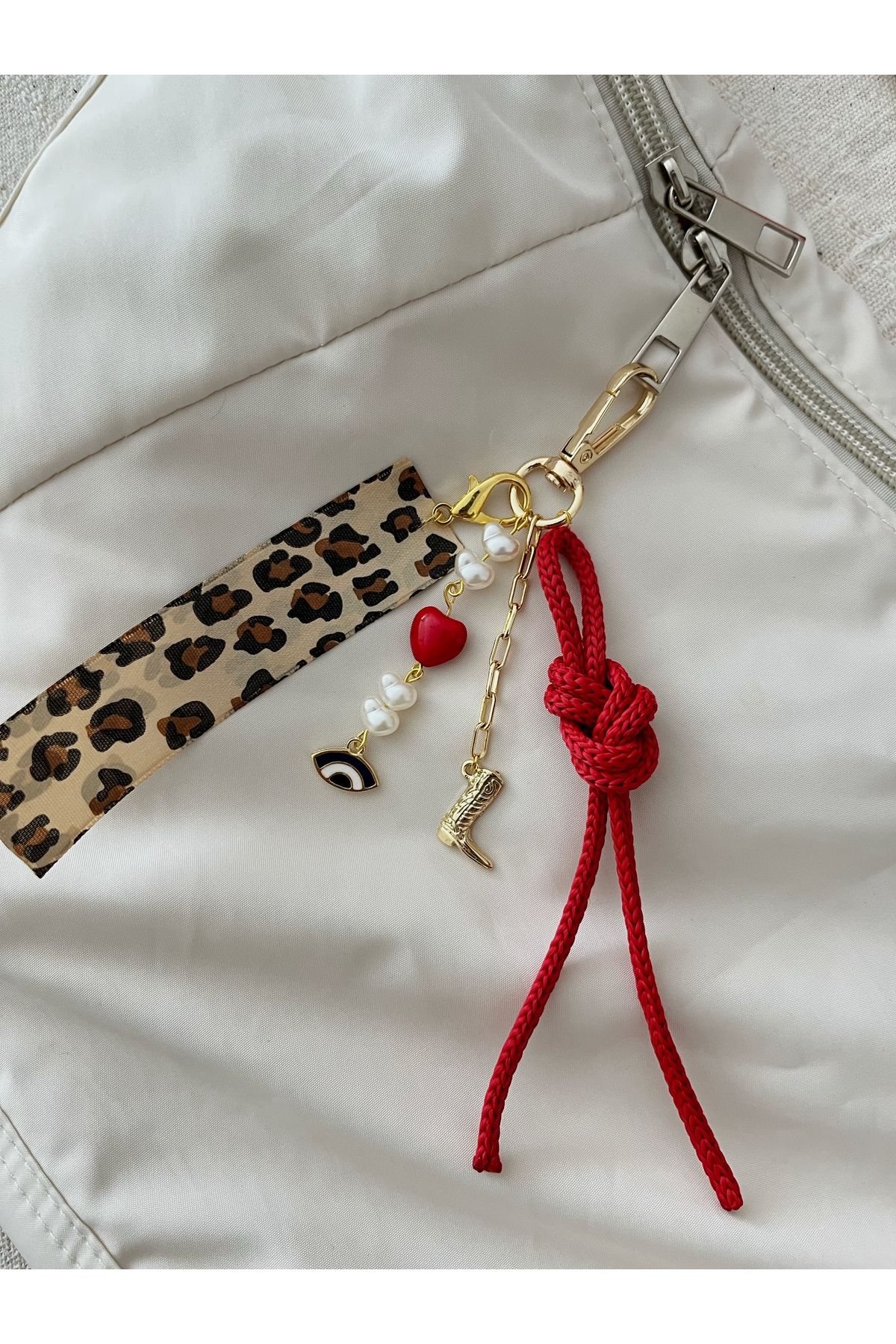 Poshy Atelier Leopar Nazar İnci Kovboy Kırmızı Gold Çanta Charmı Anahtarlık Aksesuarı Araba Süsü