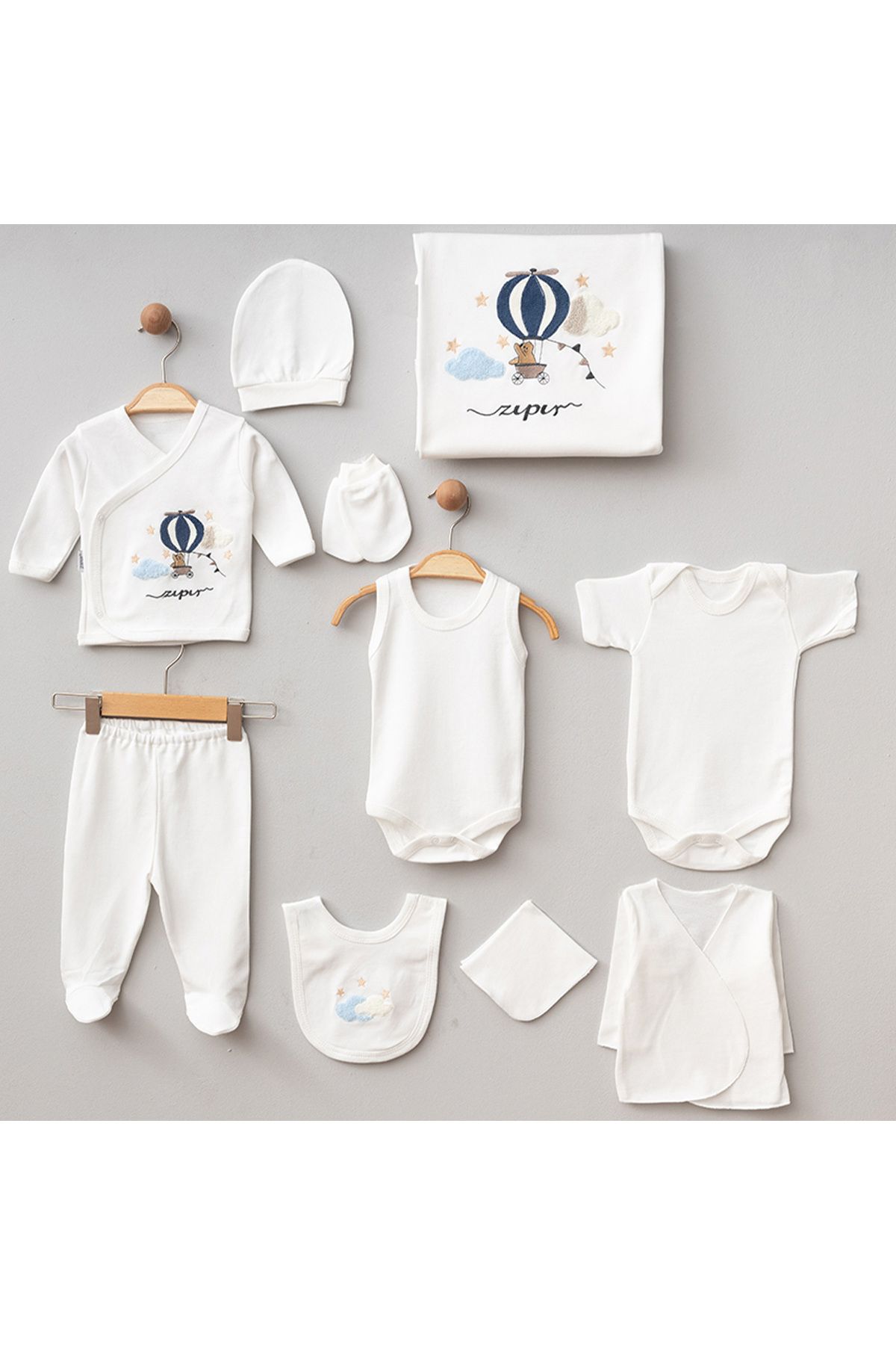 Pure Kids Store Kutulu %100 Organik Pamuk 10 Parça Erkek Bebek Balonlu Süzeneli Kabartmalı Hastane Çıkış Zıbın Se
