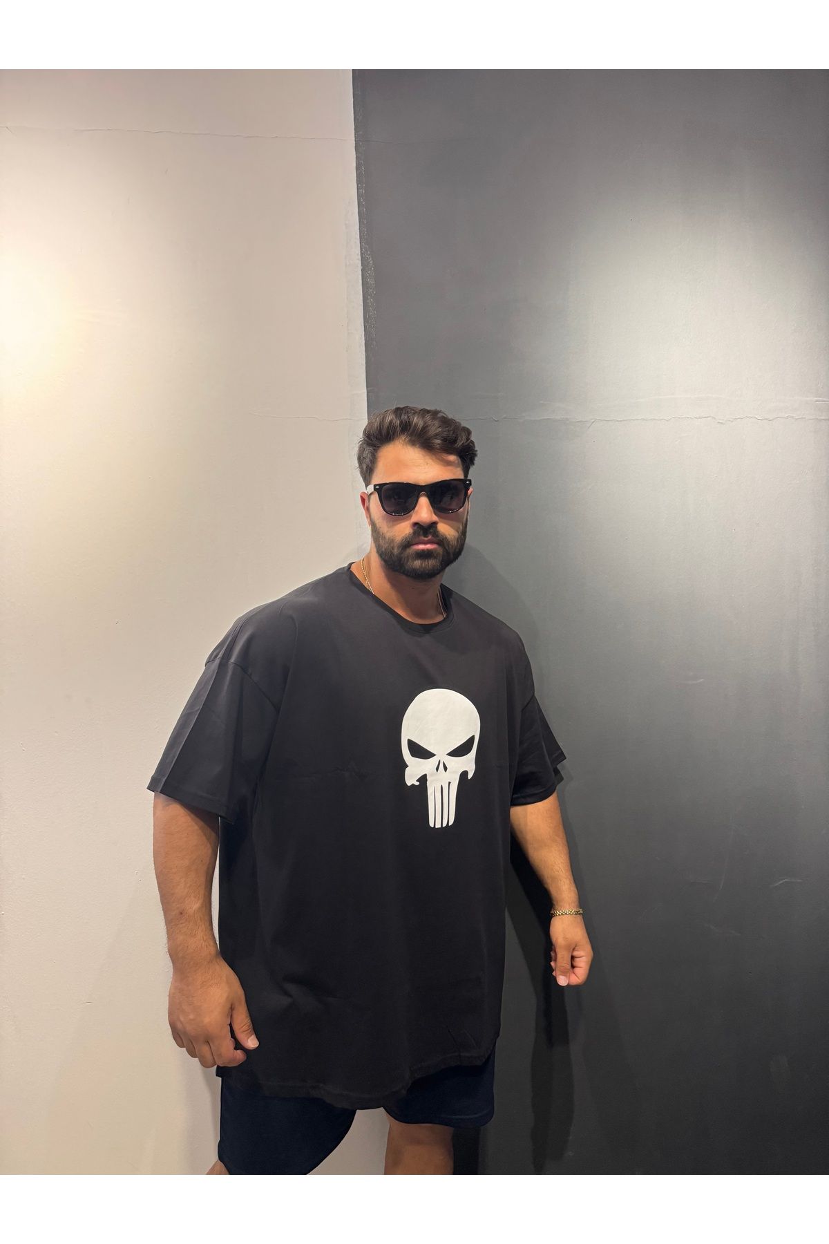 Bas Body FitnessWear Battal Beden Punisher Baskılı Bisiklet Yaka Penye Kumaş Tişört