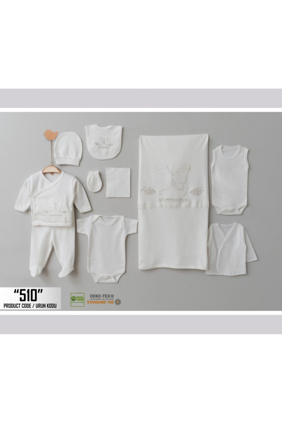 Pure Kids Store Kutulu %100 Organik Pamuk 10 Parça Kız Bebek Dantelli ve Kelebek Nakışlı Hastane Çıkış Zıbın Seti