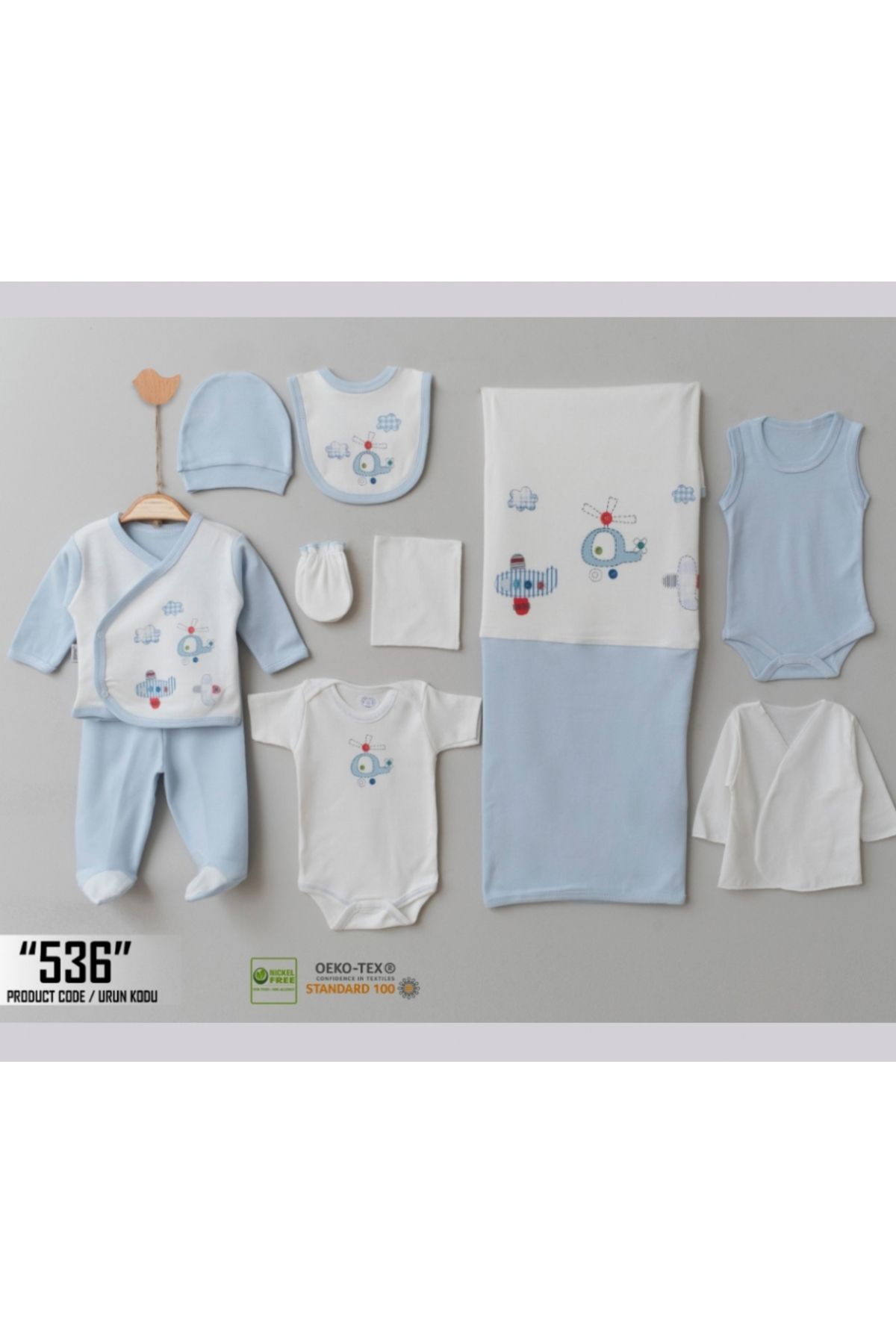 Pure Kids Store Kutulu %100 Organik Pamuk 10 Parça Erkek Bebek Helikopter ve Uçak Nakışlı Hastane Çıkış Zıbın Seti