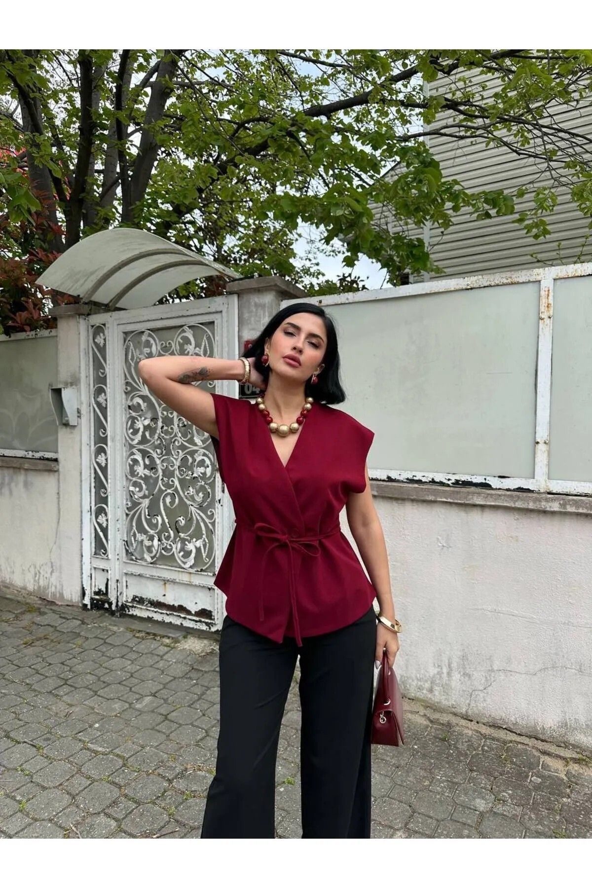 fatma keskin linna butik Kadın Scuba Krep Kumaş Belden Bağlamalı Yelek