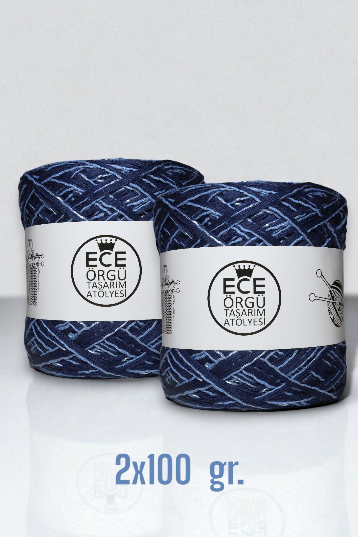 Ece Örgü Tasarım Atölyesi Çok katlı merserize koton arasına 1 kat açık mavi floş karışımı tasarım el örgü ipi (200 gr.)
