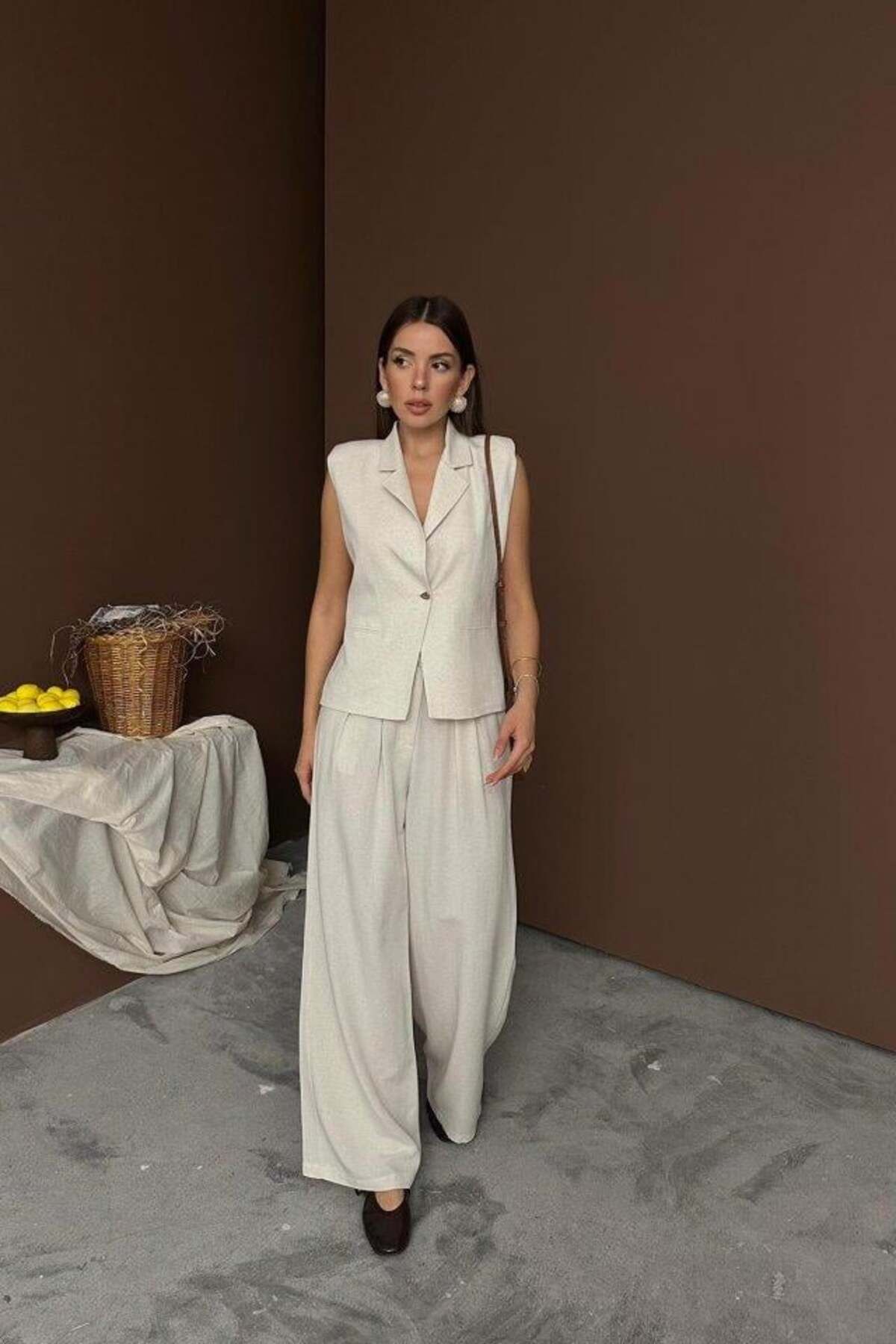 modamtn Bej Keten Yelek Pantolon Takım