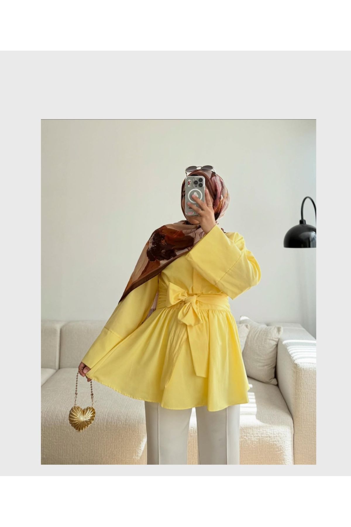 GÜLSEVEN Yeni sezon belden kemerli gömlek modeli trend rek sarı