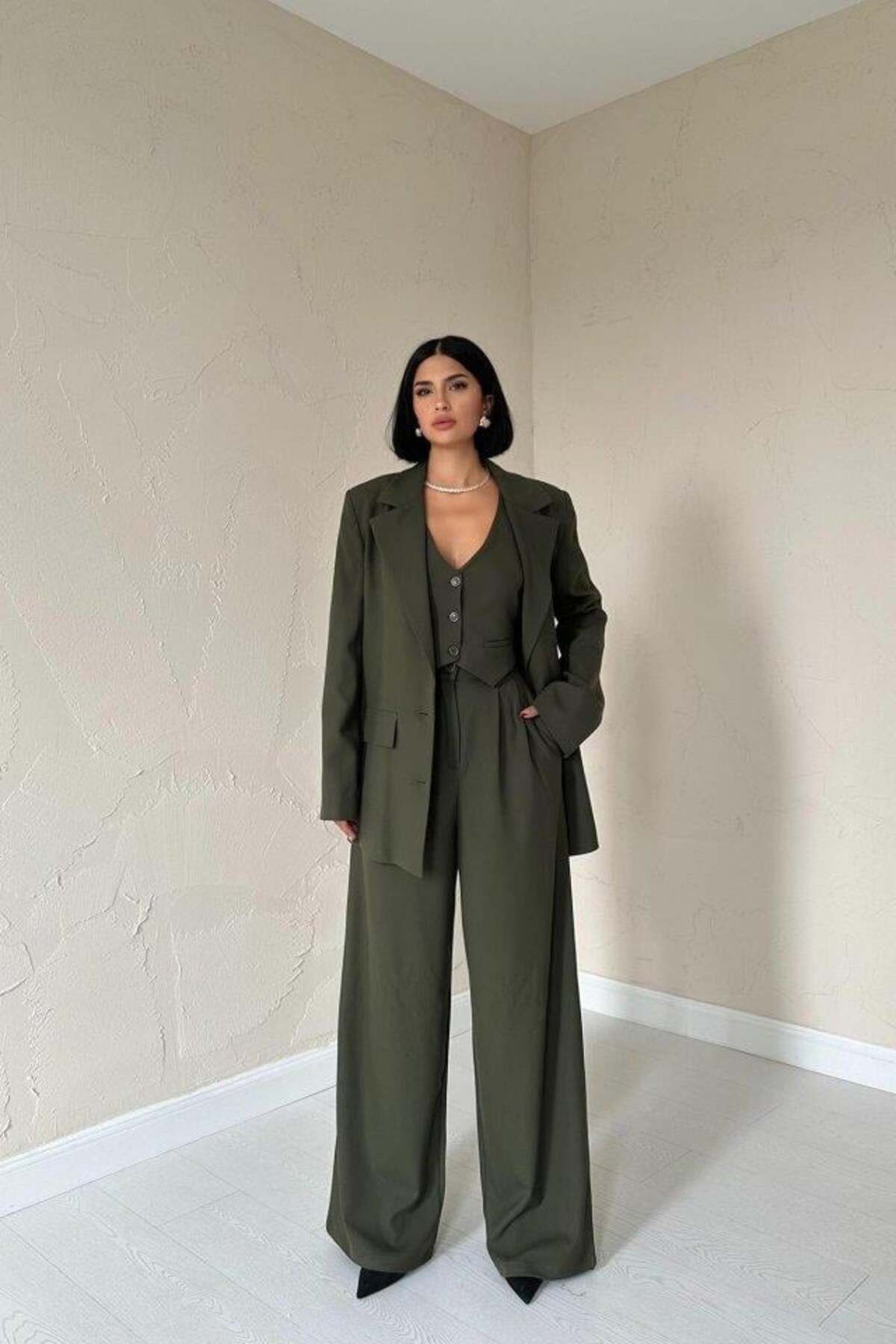 modamtn Haki Klas Ceket Ve Yelek Ve Pantolon Takım