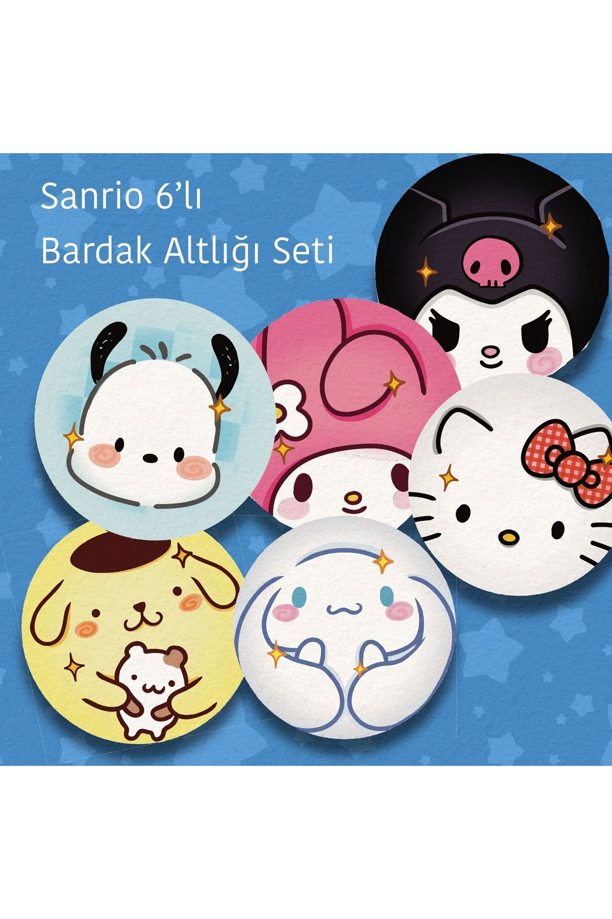 westartic Sanrio 6'lı Hello Kitty,Cinnamoroll,Melody,Kuromi,Pompompurin,Pochacco Bardak Altlığı Seti
