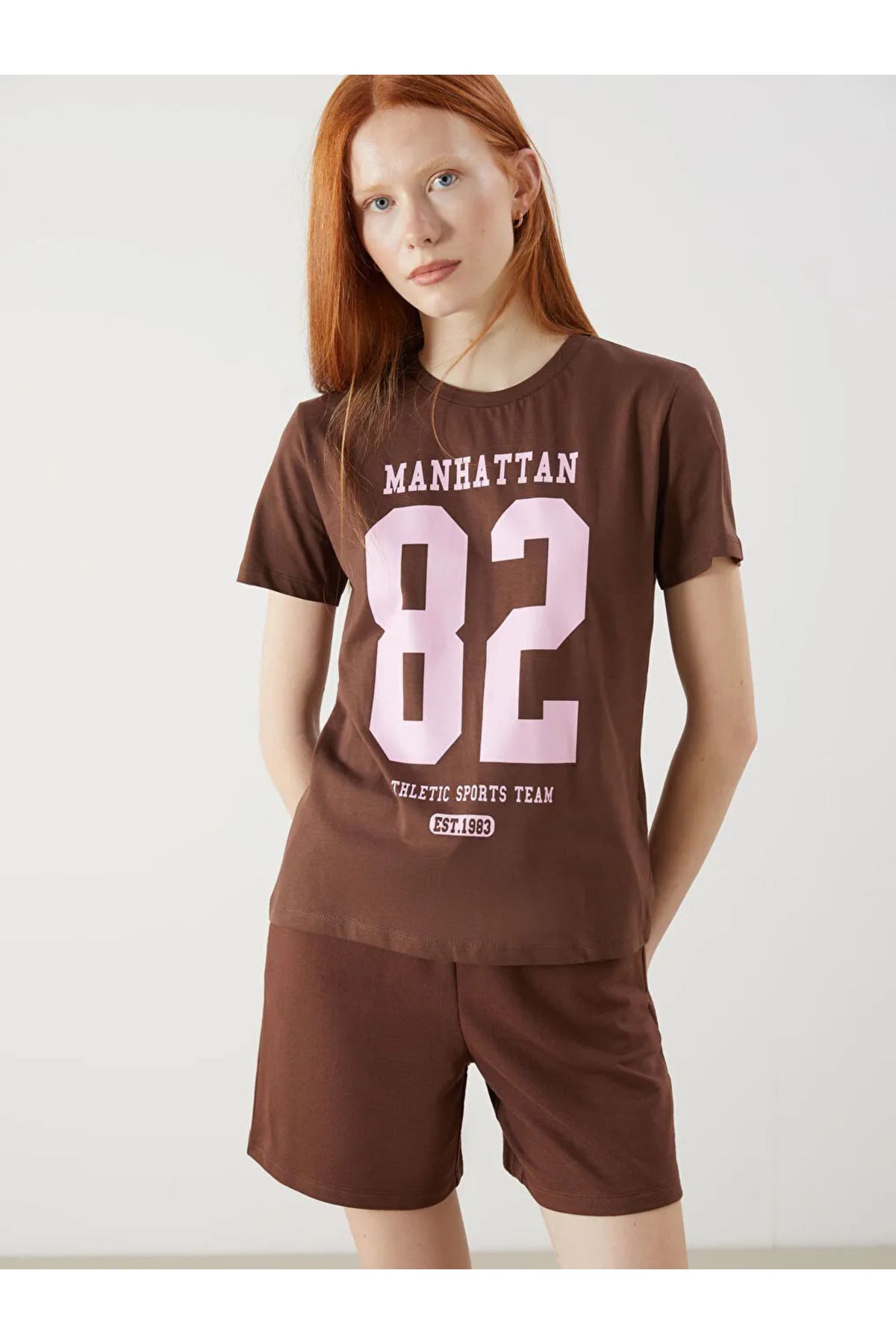 LC Waikiki XSIDE Kahverengi Bisiklet Yaka Baskılı Kadın Tişört