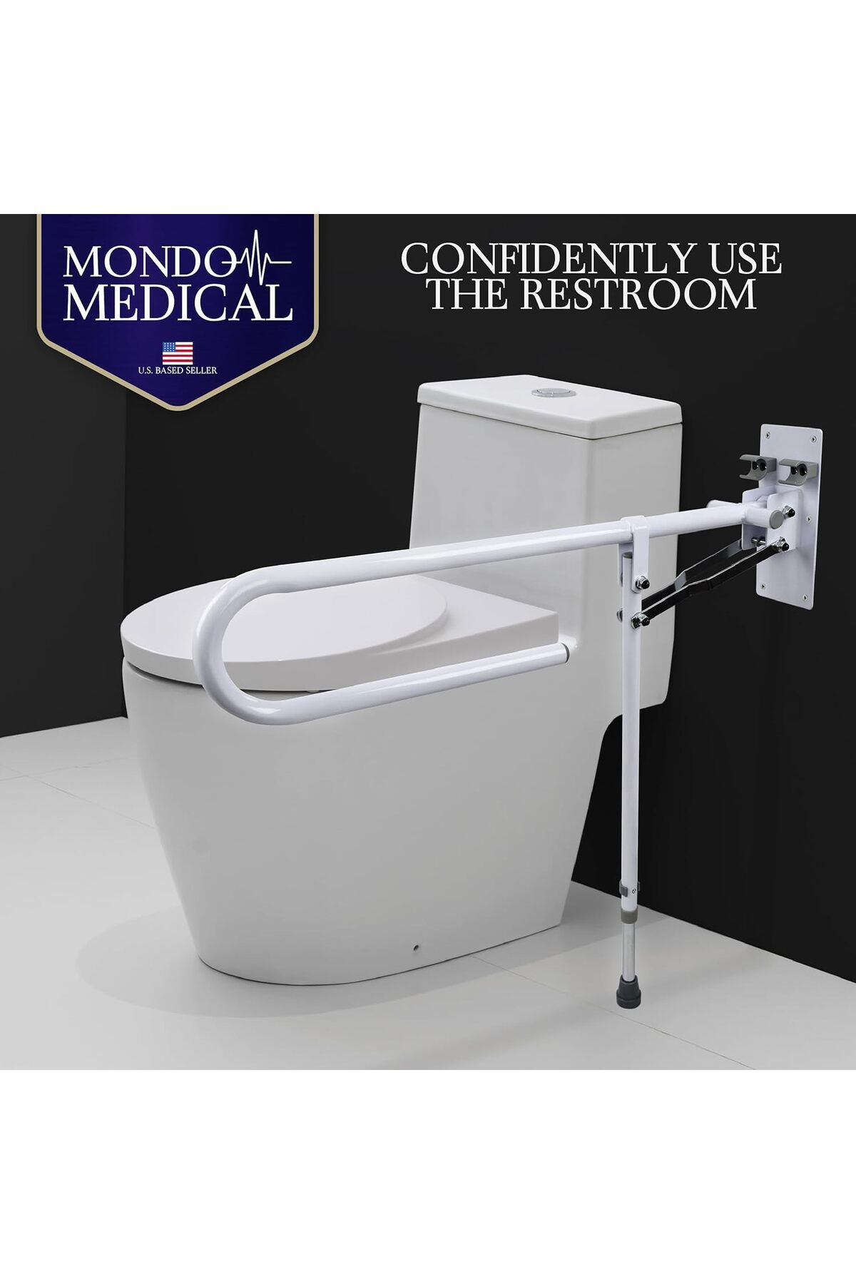Stander-Mondo Medical Bathroom Toilet Grab Bar - White Stainless Steel Foldable Toilet Support Aid Rail with 7