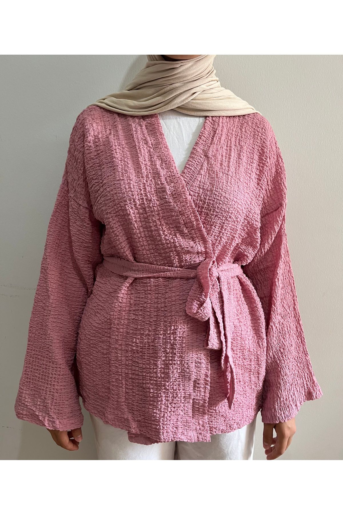 FASİON Belden Bağlamalı Pembe Düş Kimono