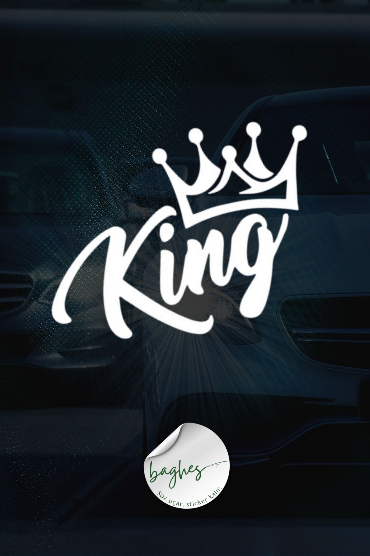 Baghes Taç detaylı King yazısı, Oto sticker 23,2 x 15,2cm