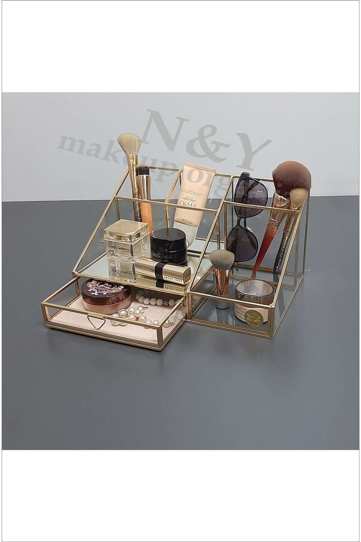 N&Y makeup organizer Brass Glass küçük çekmeceli kkk318 makyaj organizer (28 cm..) SOFT GOLD
