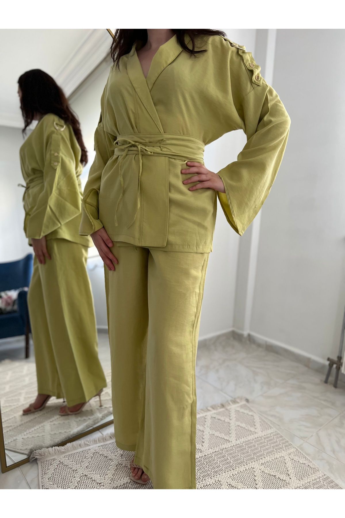 Butik Metal halkalı kuşaklı kimono takım - yeşil