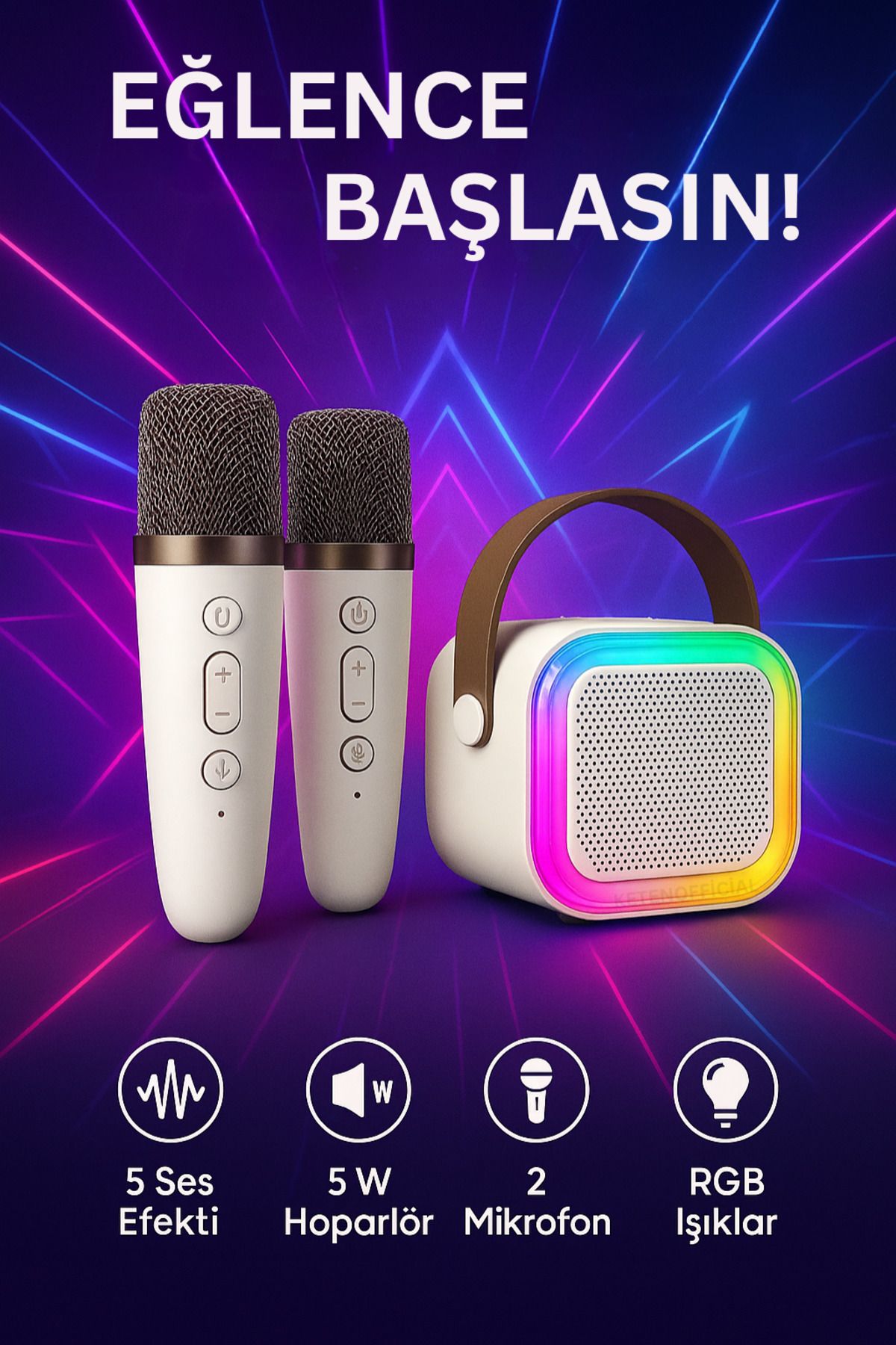 KETENOFFİCİAL Mikrofonlu Bluetooth Karaoke Hoparlör RGB LED Işık 5 Ses Efekti Taşınabilir Ses Bombası