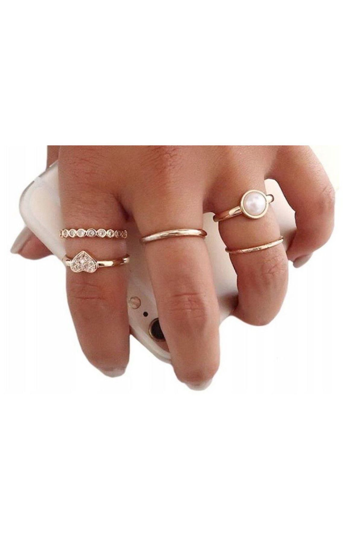 Shiklik MODA Şıklığınızı Tamamlayacak 5'li Taşlı Kalp Yüzük Seti
