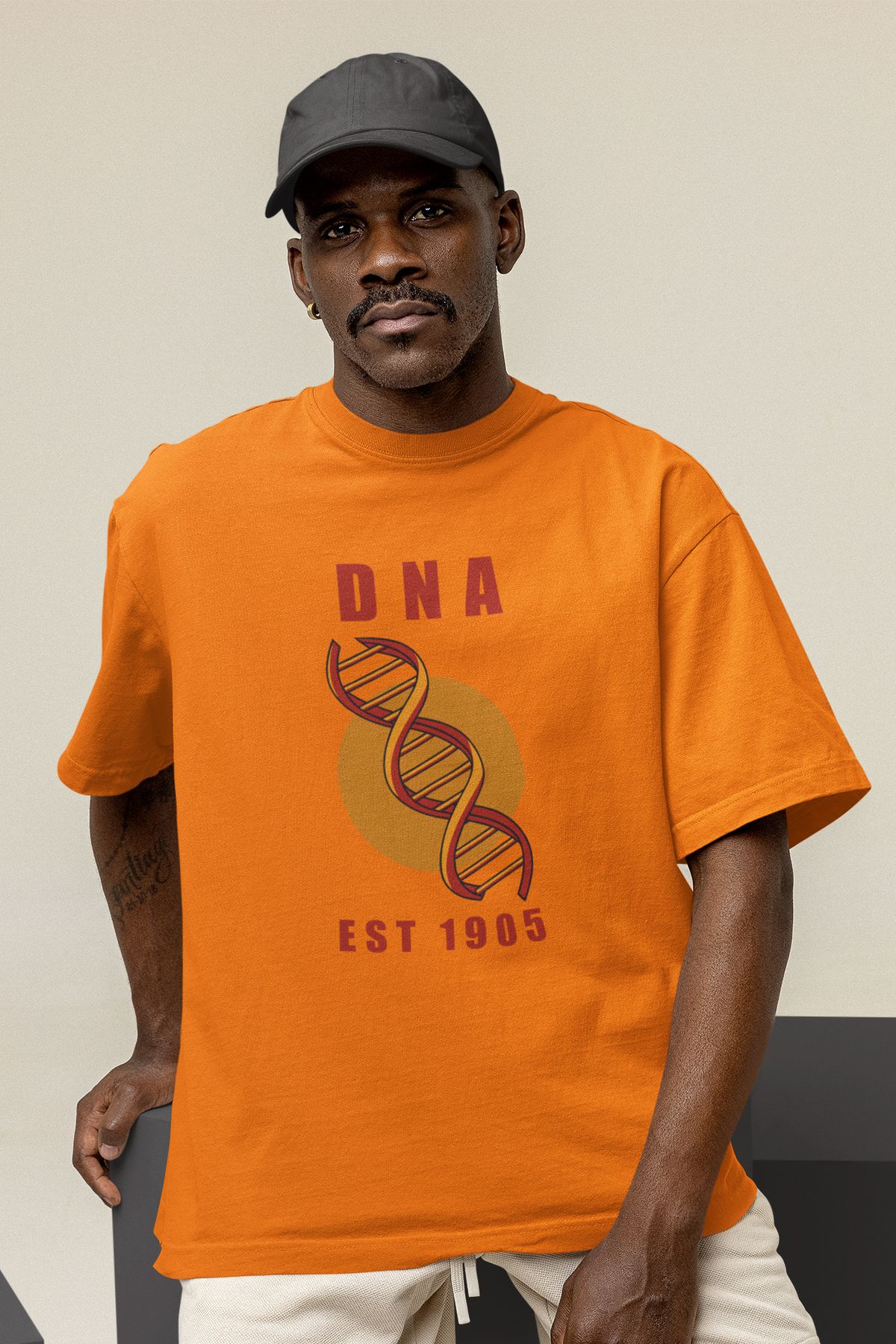 Uniquetex NUBENSE/DENGA-17 - Oversize Unisex DNA Baskılı Turuncu Bisiklet Yaka Taraftar T-shirt (Bilim Tişört)