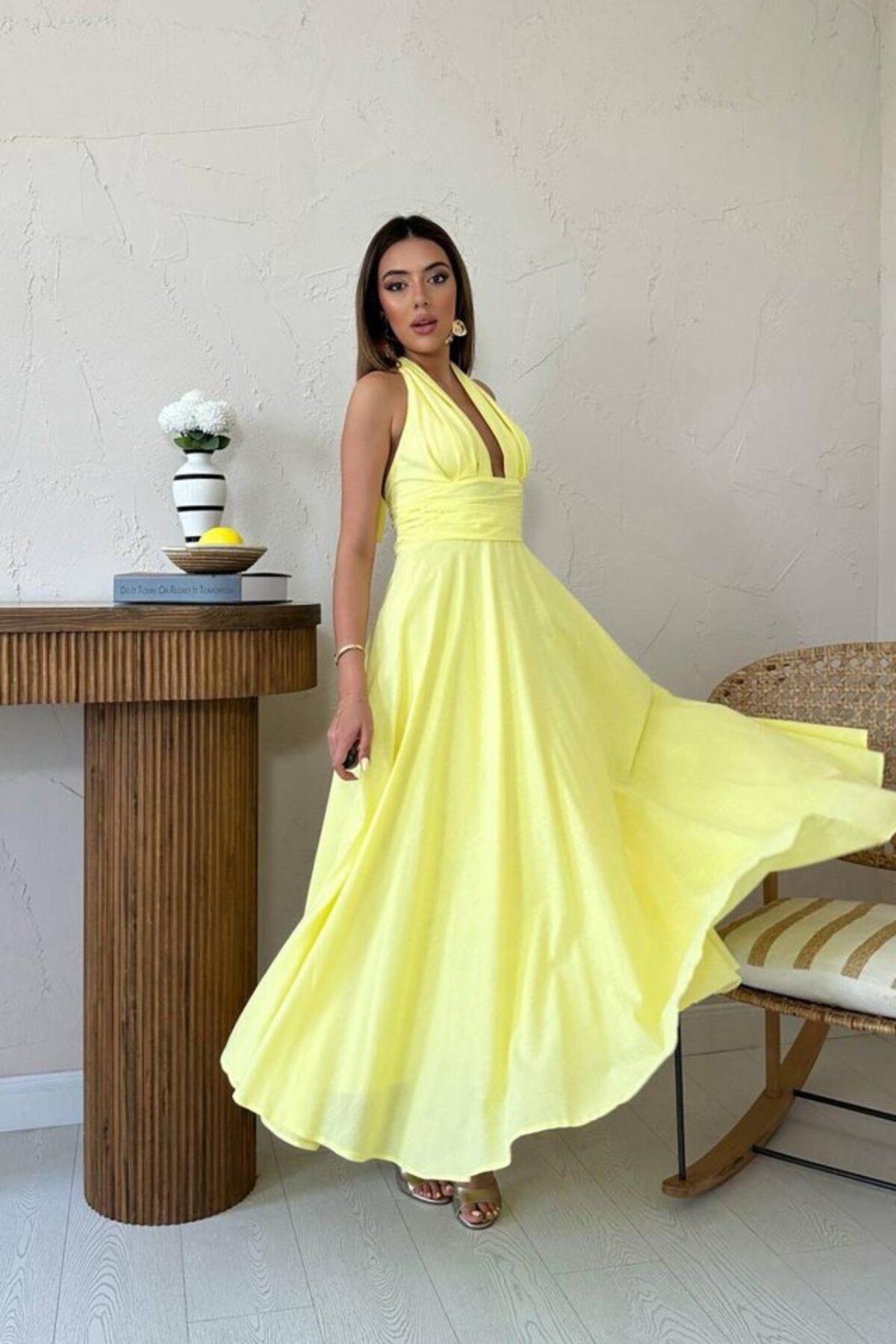 velmorafashion Sarı Askılı Keten Elbise