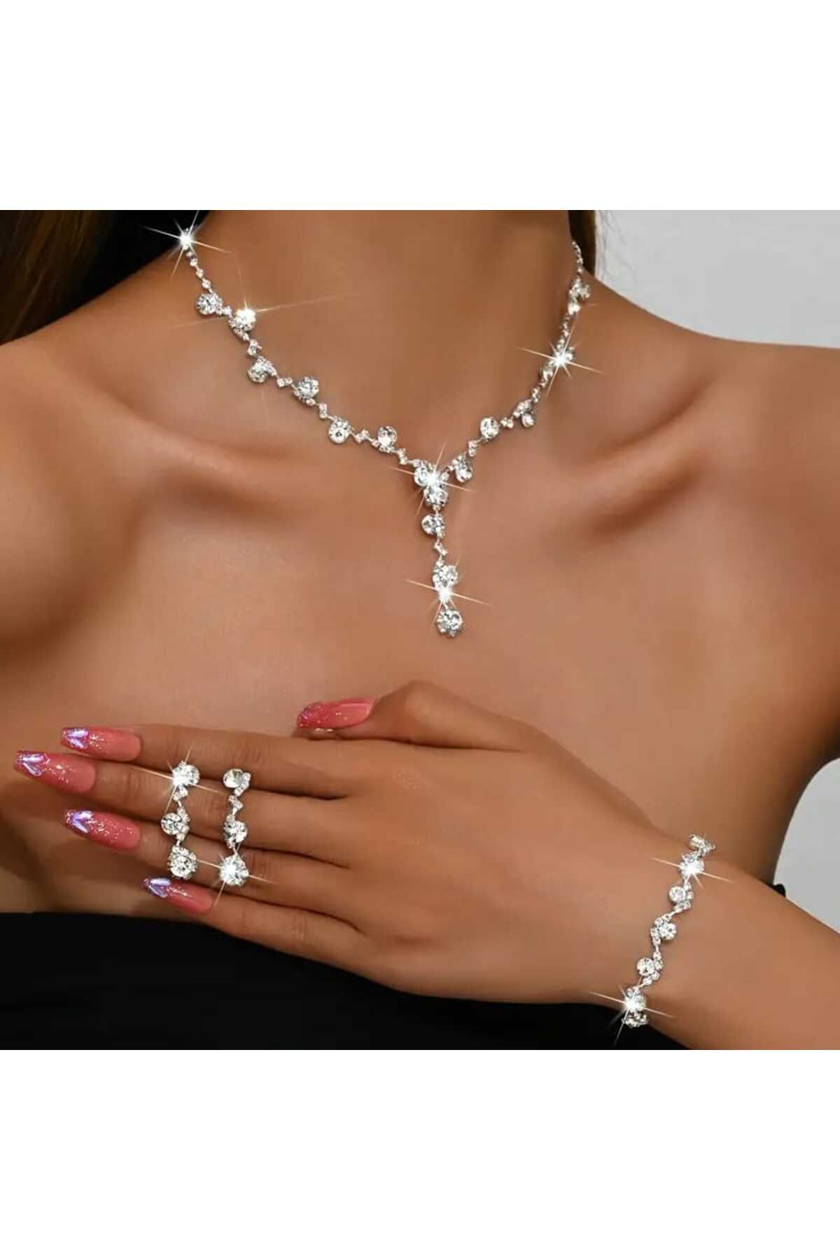 Ümaks Silvers Işıltılı Zarafet 3'lü Taşlı Takı Seti – Kolye, Küpe, Bileklik | Düğün & Özel Gün Şıklığı