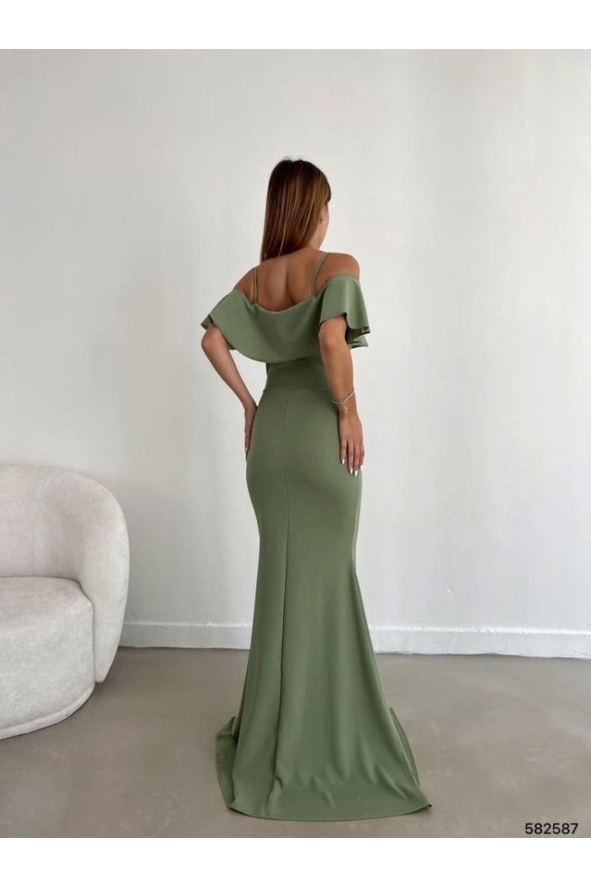 ZORM Kadın Dalgıç Krep Yırtmaç Detaylı Askılı Maxi Boy Elbise