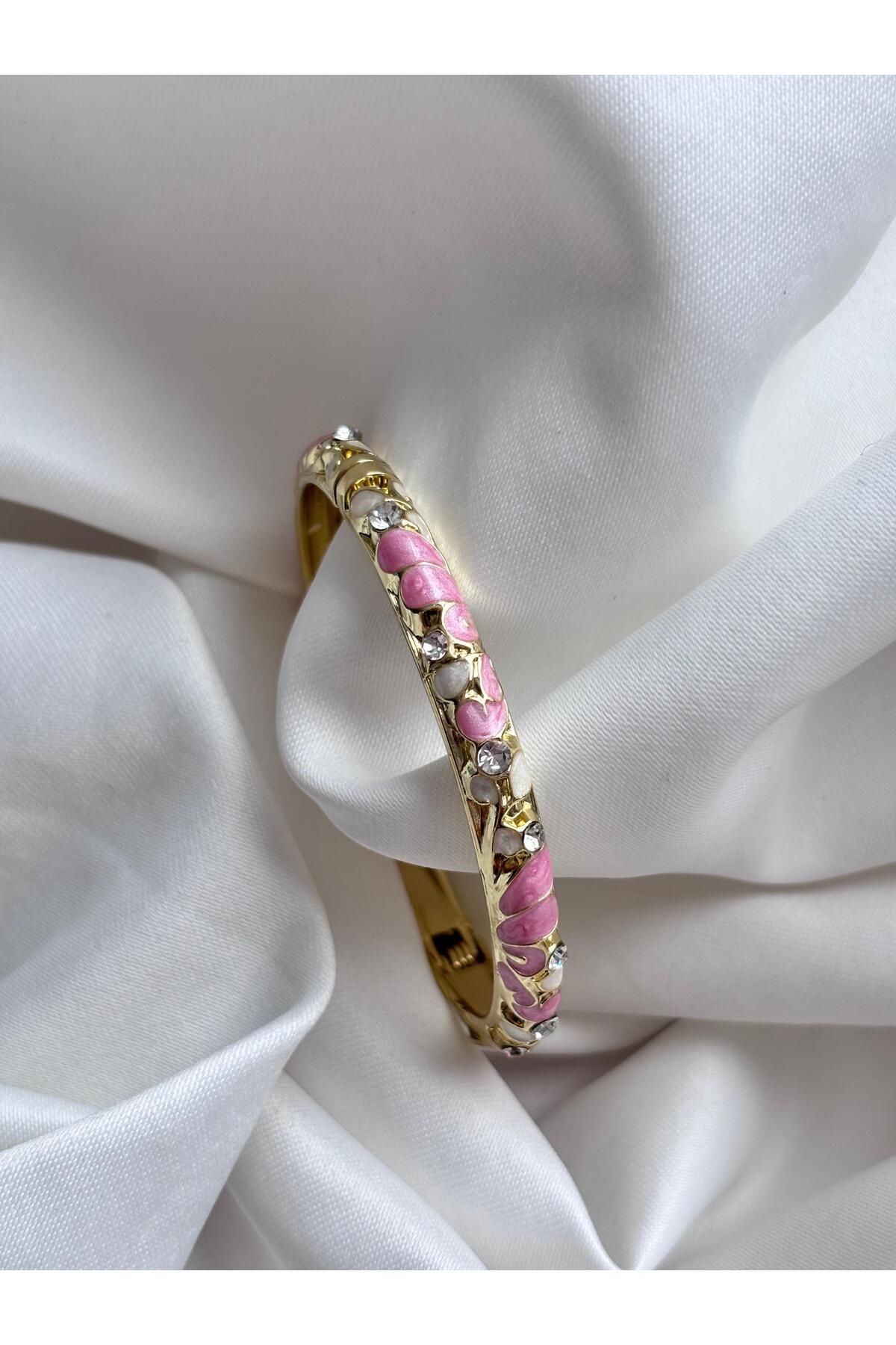 Bellamy Jewelry Mineli İnce Vintage Çiçekli Bilezik - Pembe