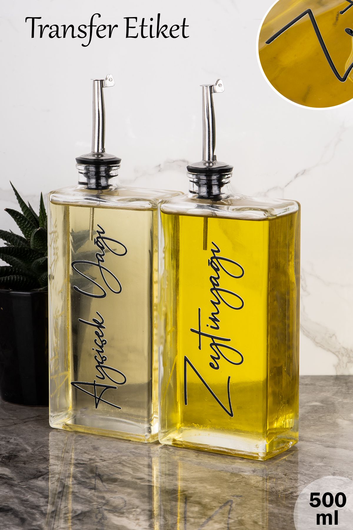 Dolkin Home 2li 500ml Transfer Etiketli Zeytinyağı Ayçiçek Yağı Yağdanlık Gümüş Kapak Cam Yağlık Sosluk Sirkelik